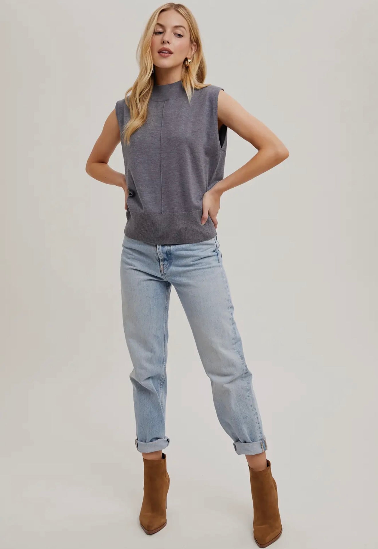 Mock Neck Knit Sleeveless Top in Cool Grey