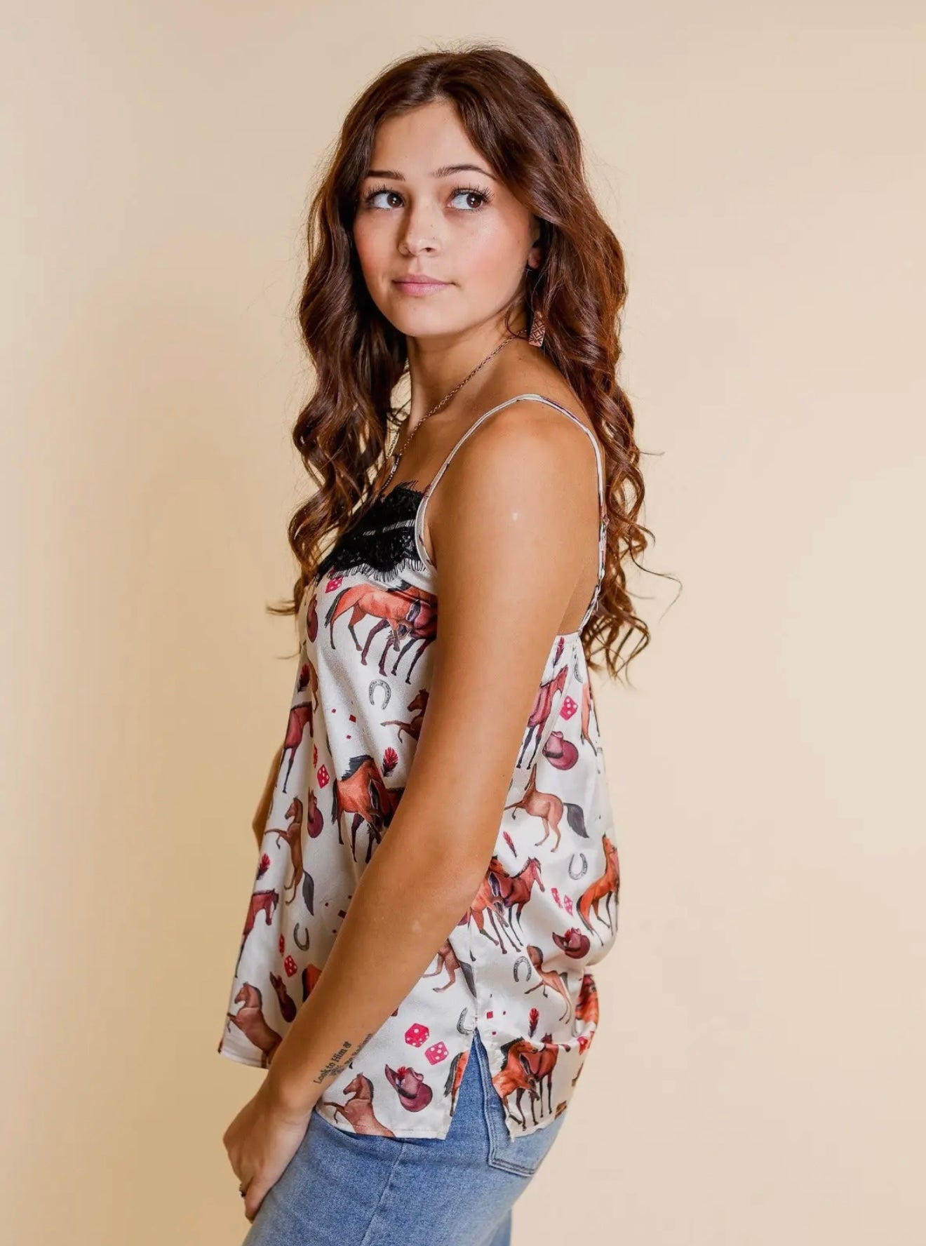 Off To the Races Lace Trim Satin Tank