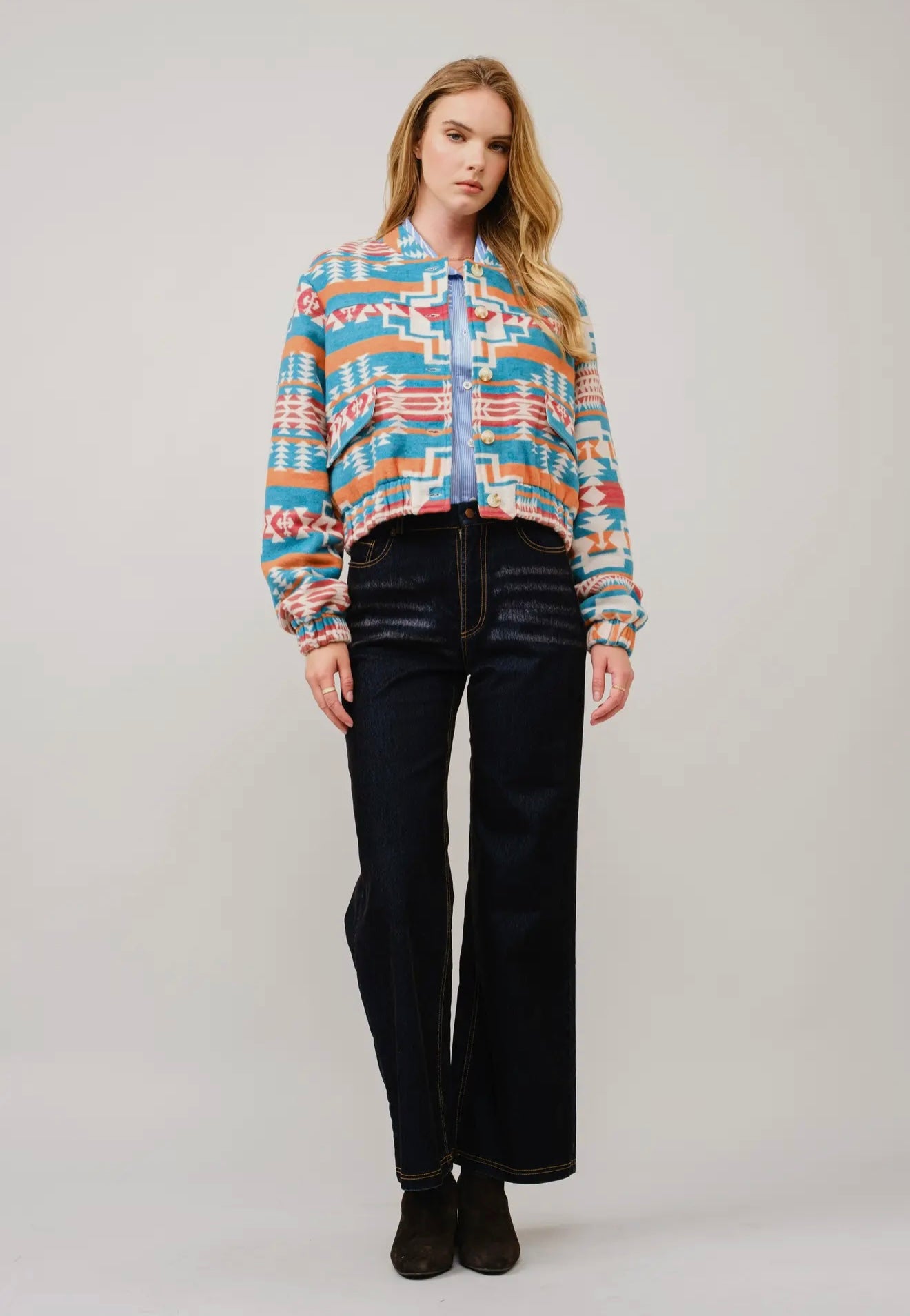 Jacquard Aztec Snap Up
Bomber Jacket
