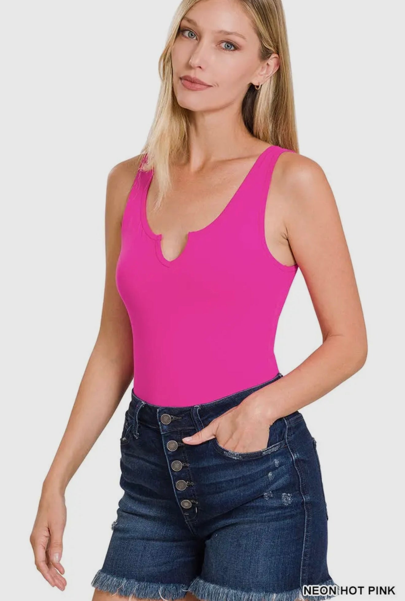 Zenana Brushed Dty Split Neck Bodysuit in Neon Hot Pink