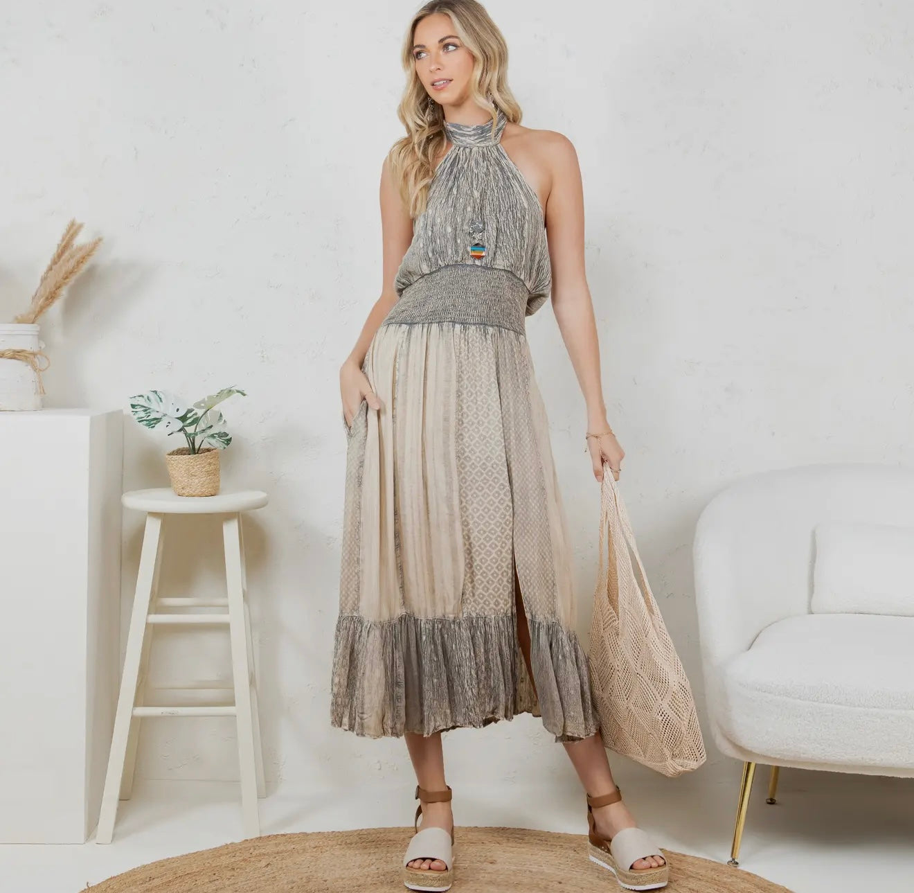 Mid-Length Halter Neck Patchwork Dress