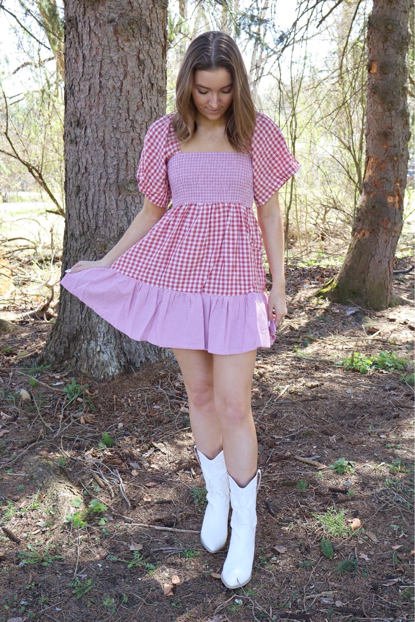 Plaid Color Block Smocked Dress