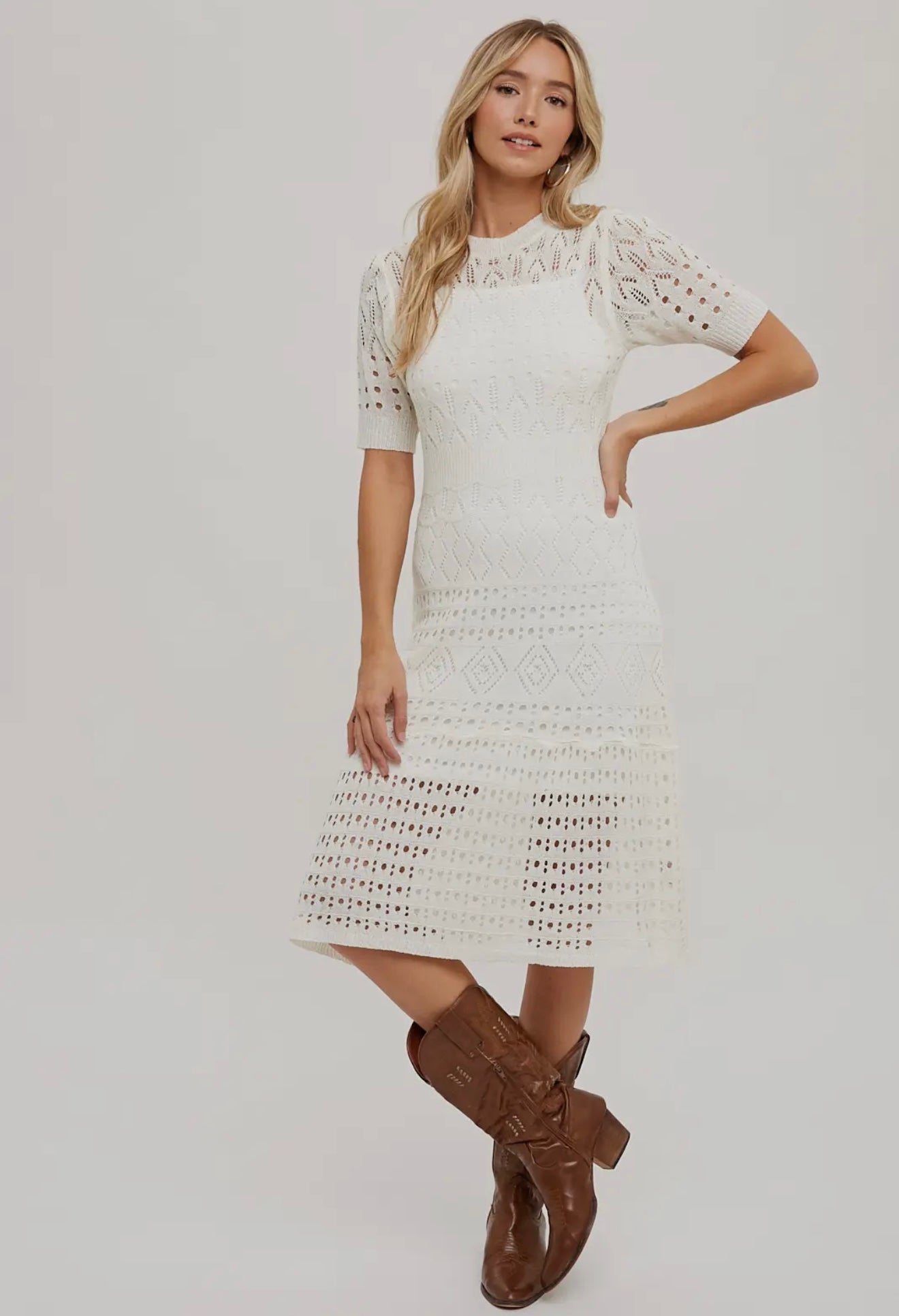 Open Knit Crochet Midi Dress with Liner