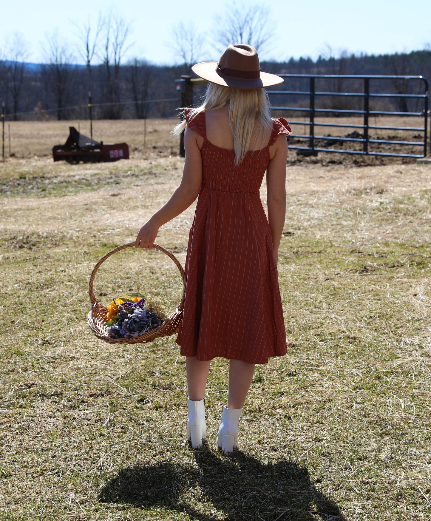 Pinstripe Flutter Sleeve
Midi Dress