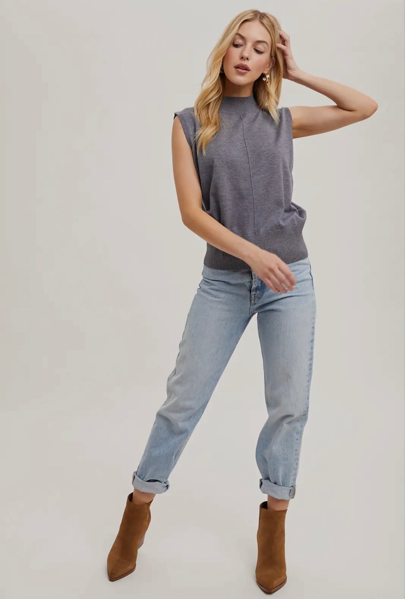 Mock Neck Knit Sleeveless Top in Cool Grey