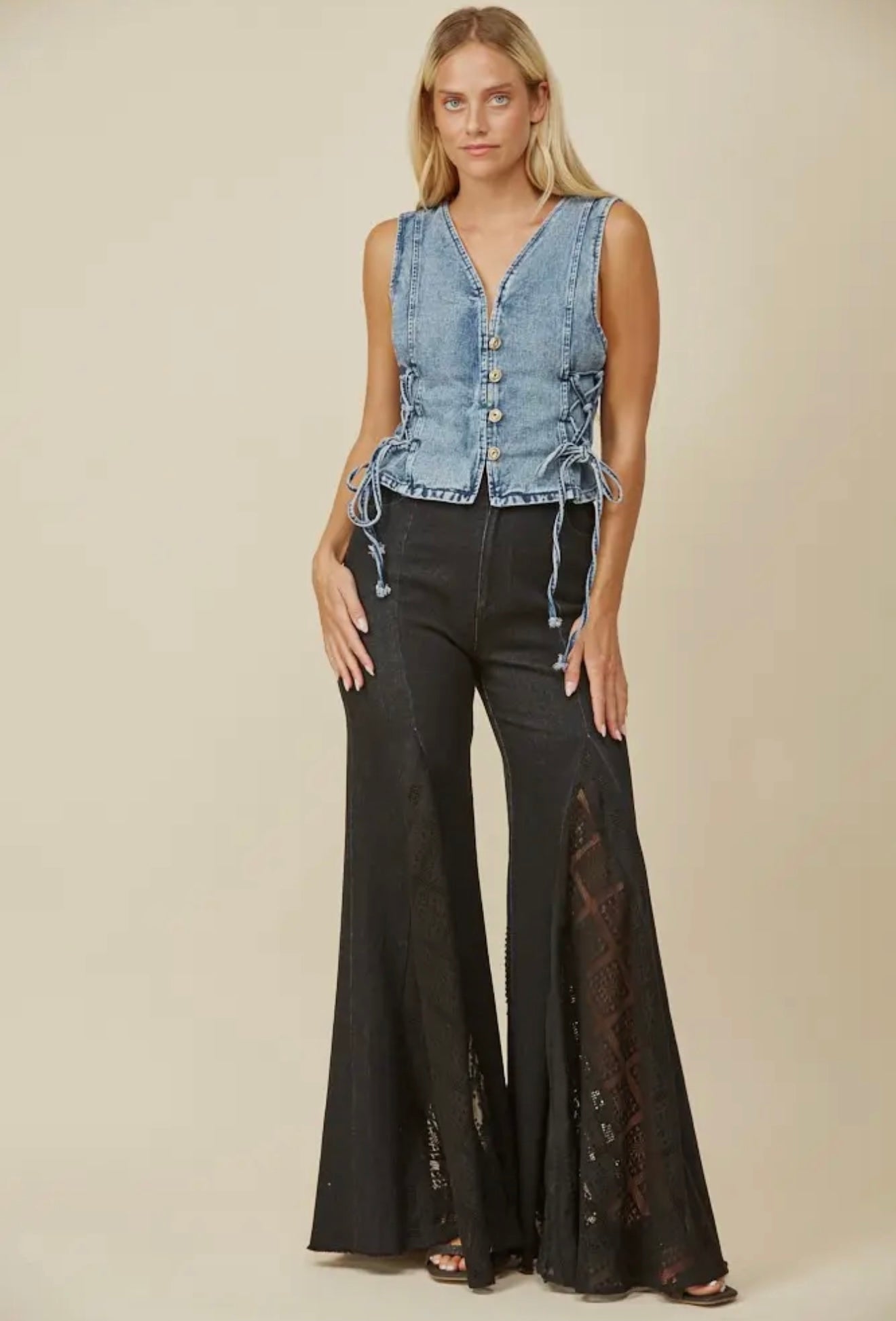 Black Denim Lace Detail Wide Leg Jeans