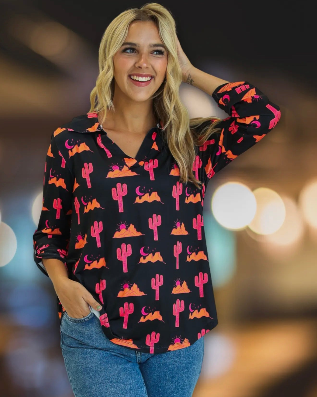 Gemma V-Neck Top, Desert Sunset