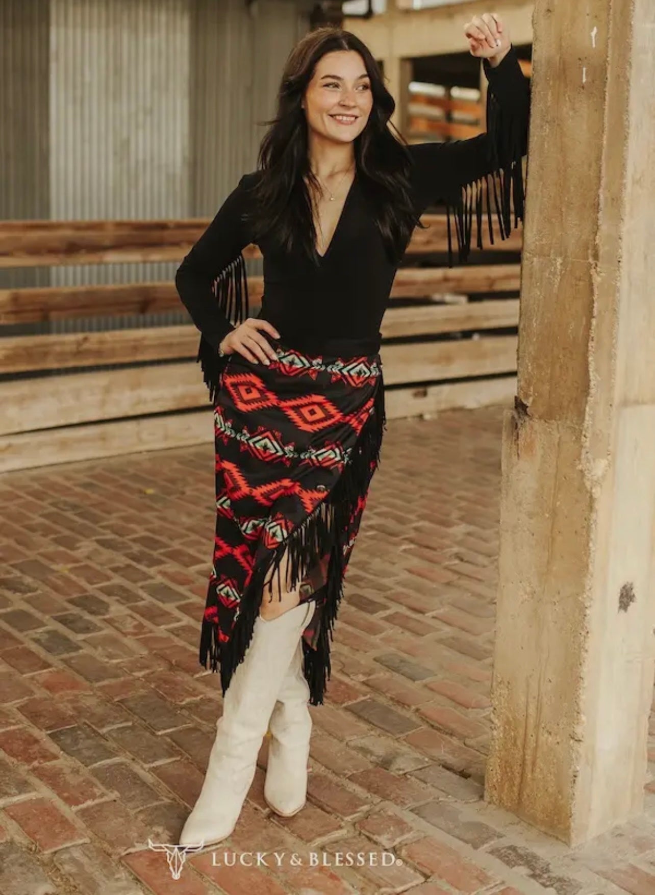 Red Aztec Asymmetrical Concho Button Wrap Fringe Skirt