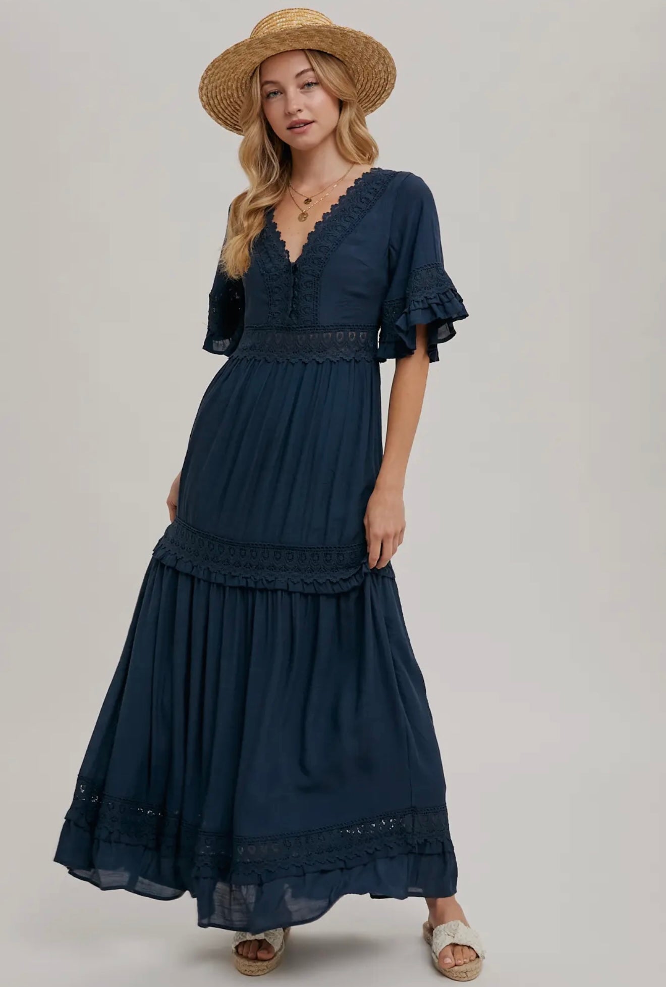 Navy V-Neck Lace Trim Maxi Dress