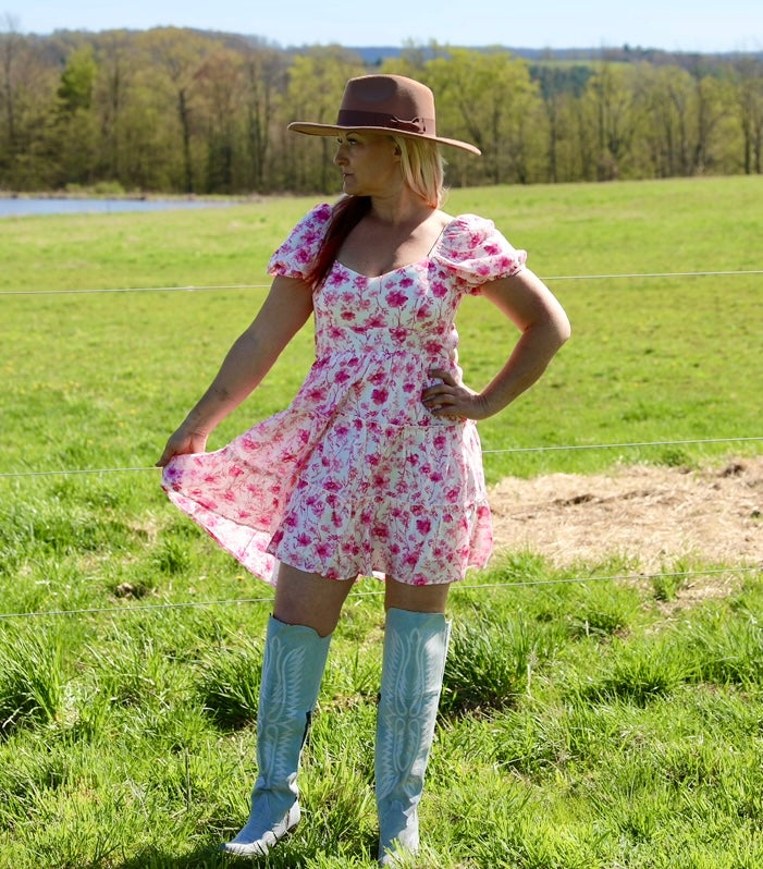 Pink Floral Open Back with Tie Tiered
Mini Dress