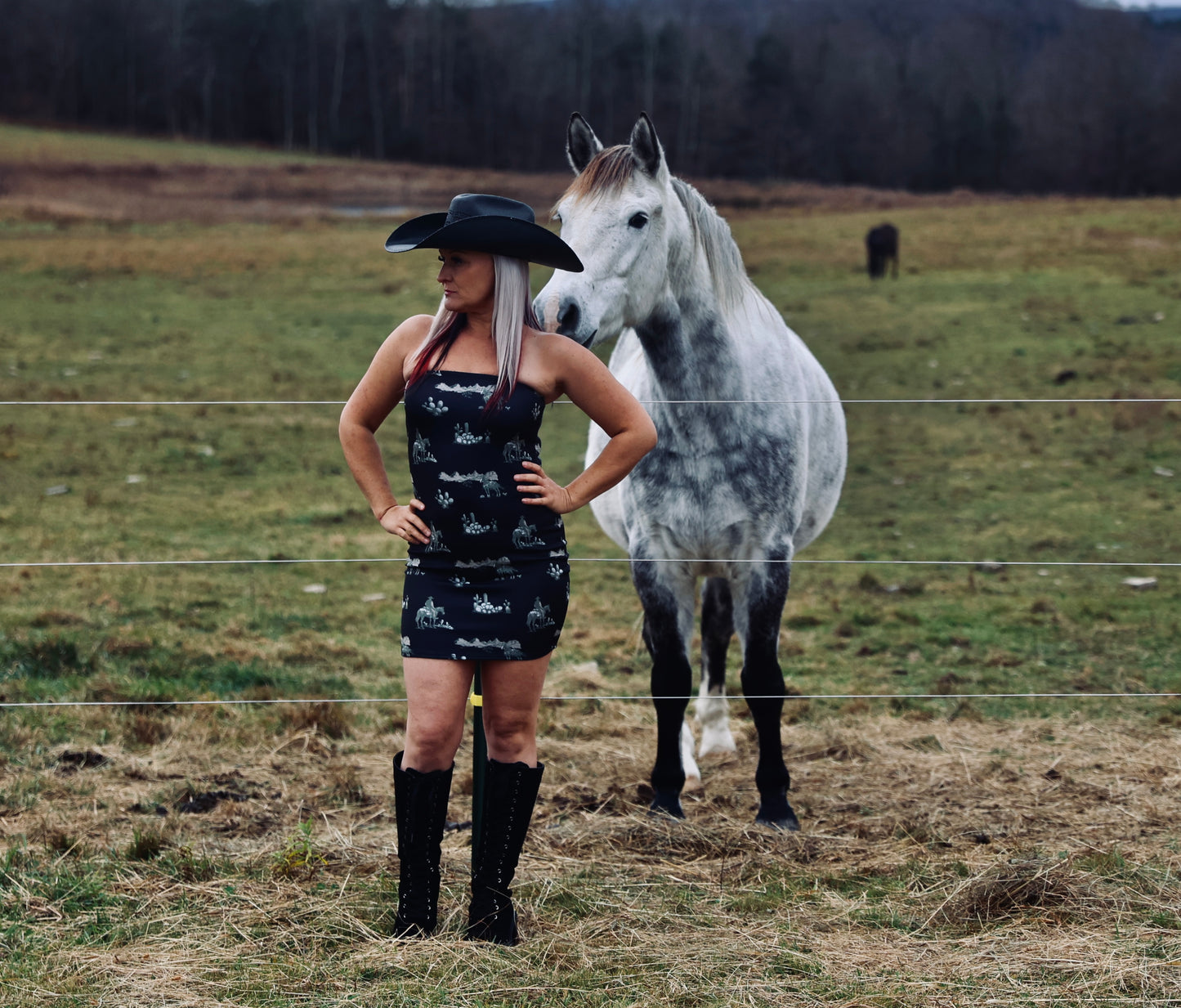 Black Western Cowboy Desert Printed Strapless Dress