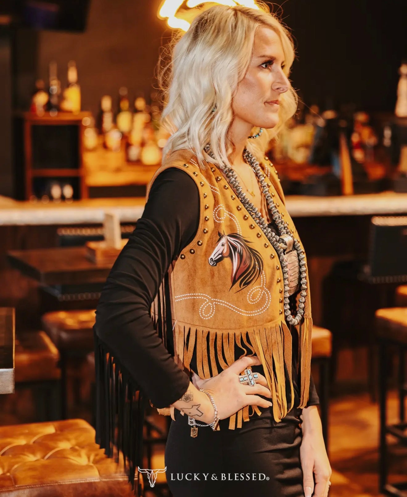 Camel Horse Printed Studded Fringe
Hem Vest