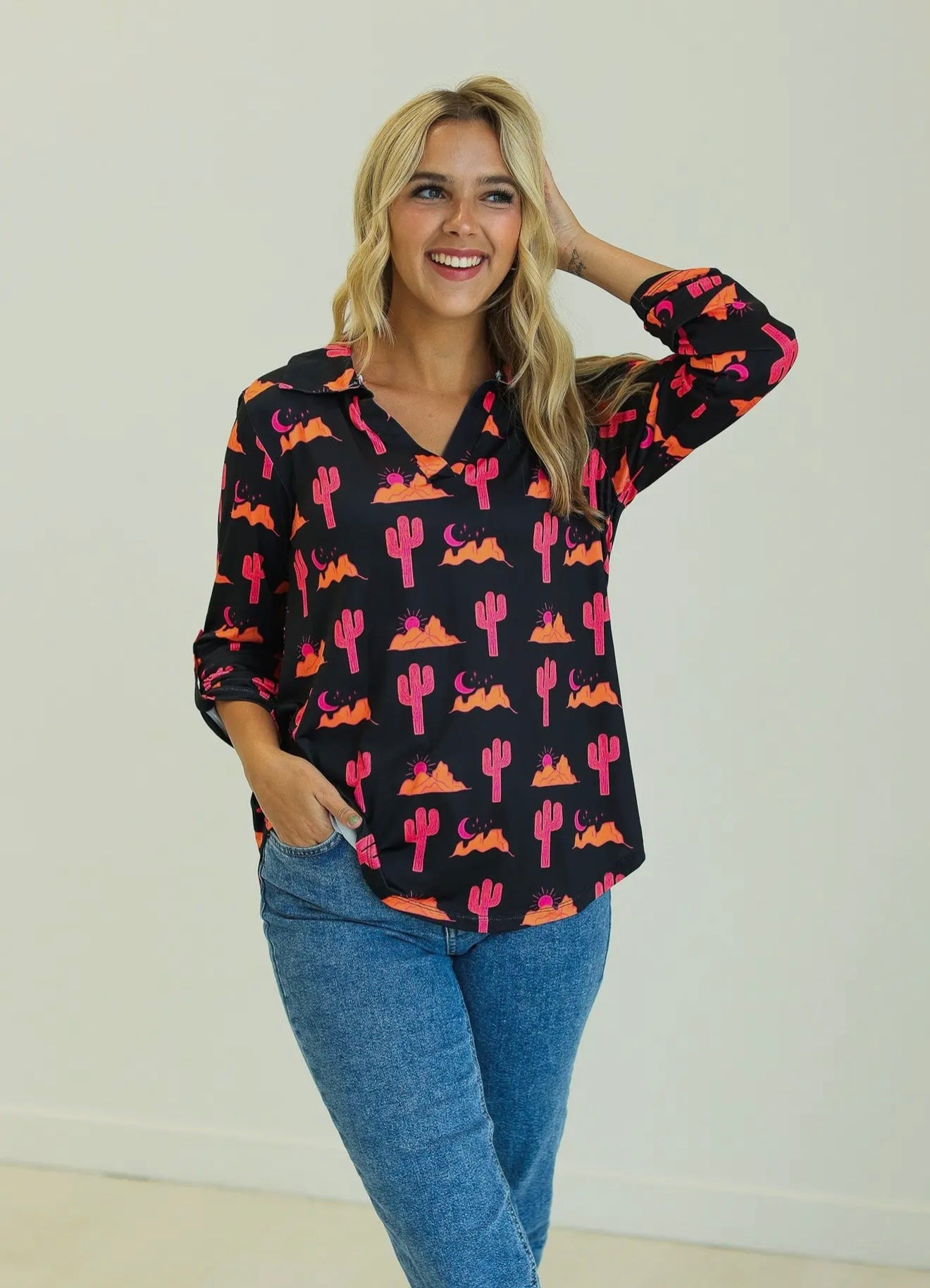 Gemma V-Neck Top, Desert Sunset