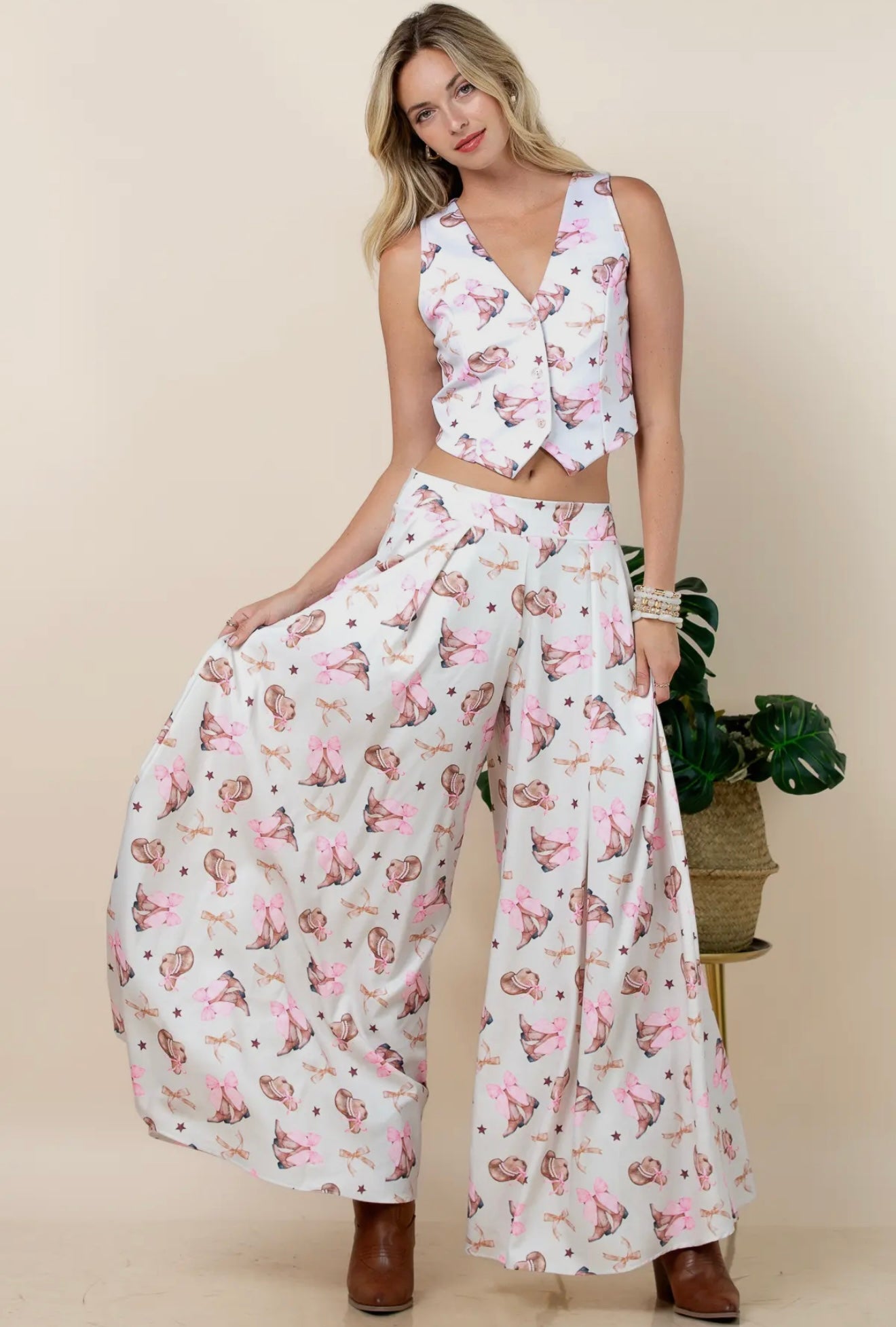 Evie Coquette Ribbon Print
Wide Leg Palazzo Pants