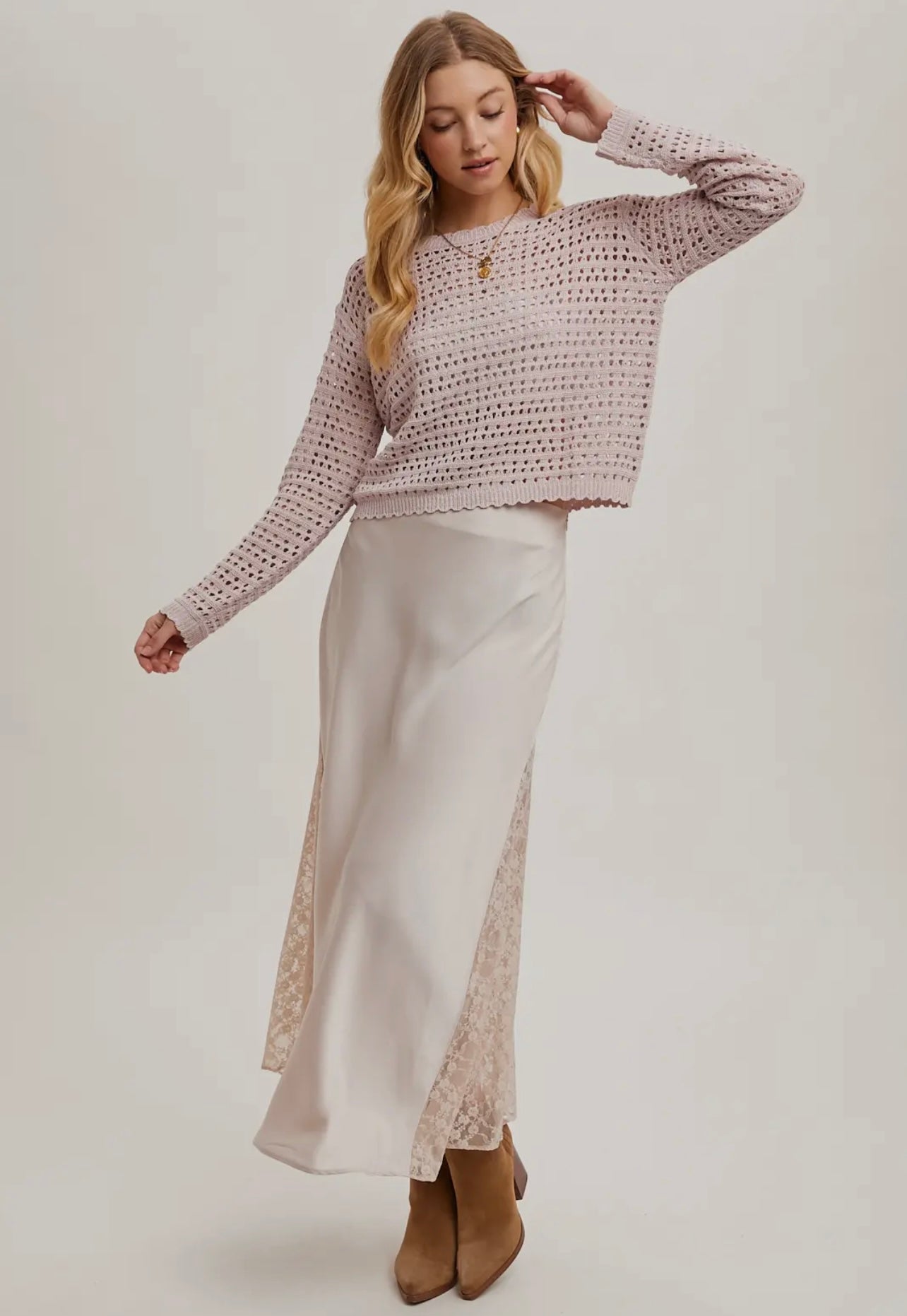Pearl Lace Trimmed Mid-Rise Satin Midi Skirt