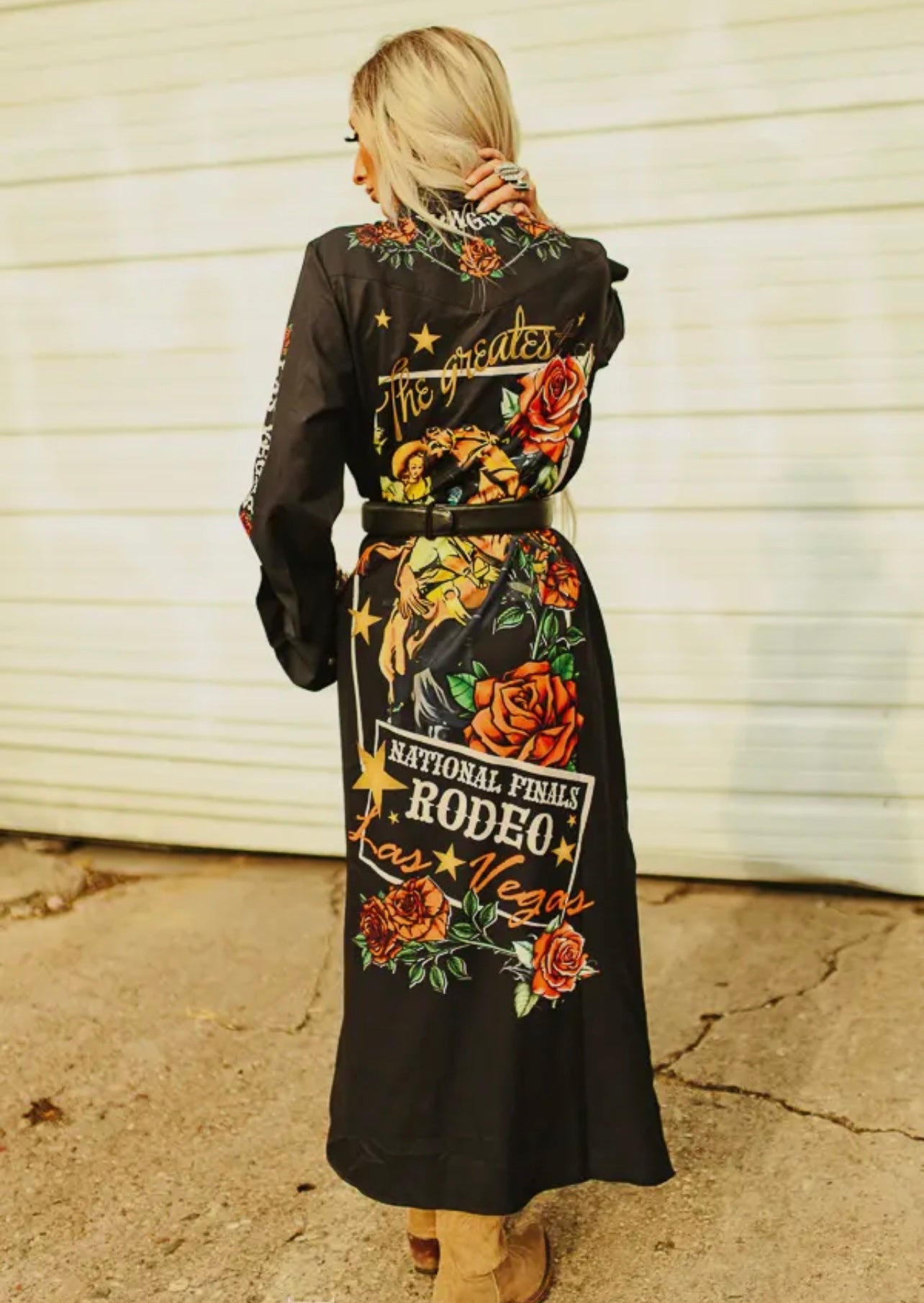 Black Rodeo Horse Rose Button Down
Maxi Shirt Dress Duster