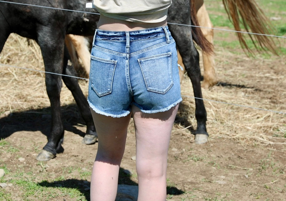 Petra153 High Rise Stretch Patched
Short w/ Frayed Hem