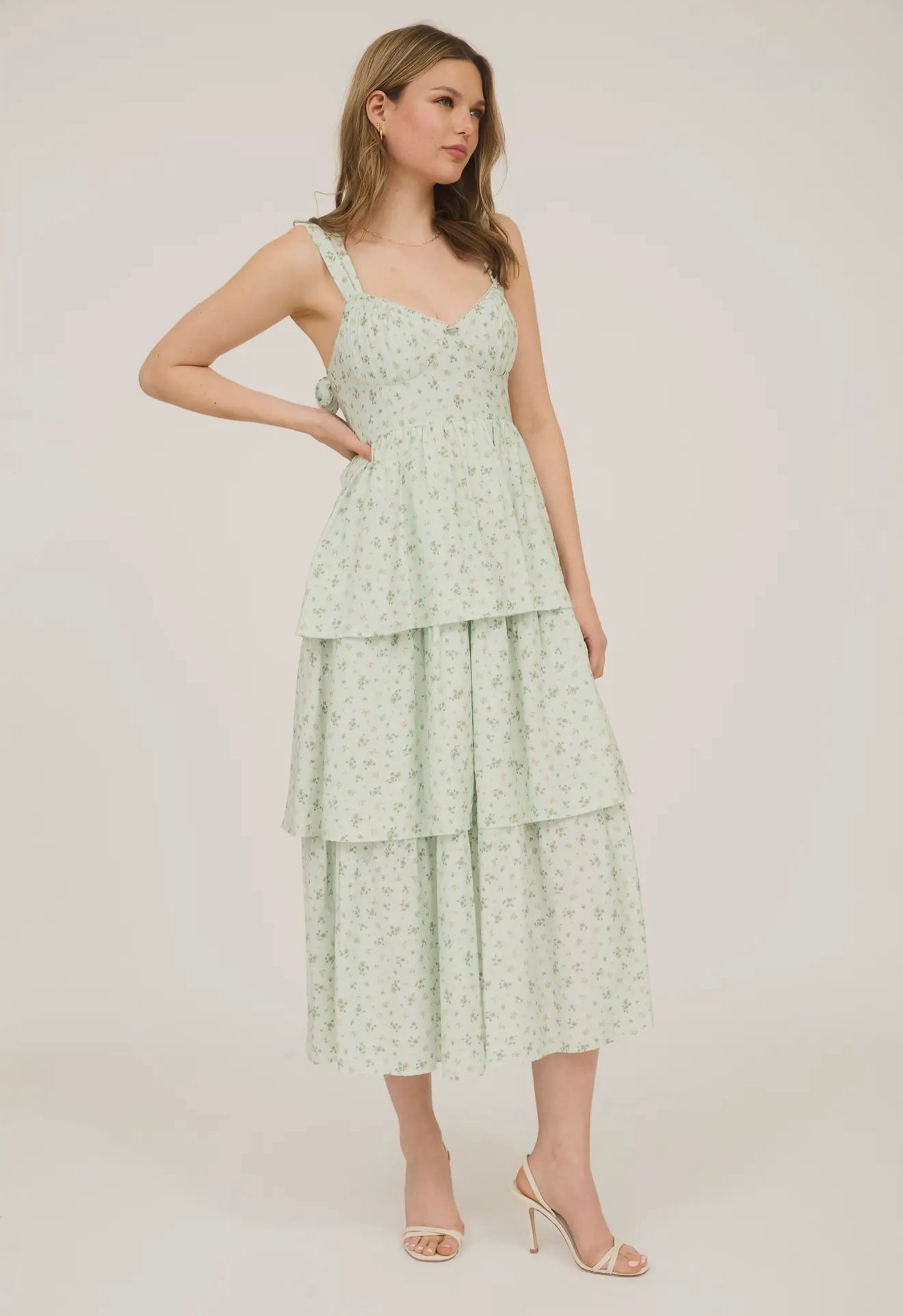 Sage Floral Sleeveless Corset Ruffle Tiered Midi Dress