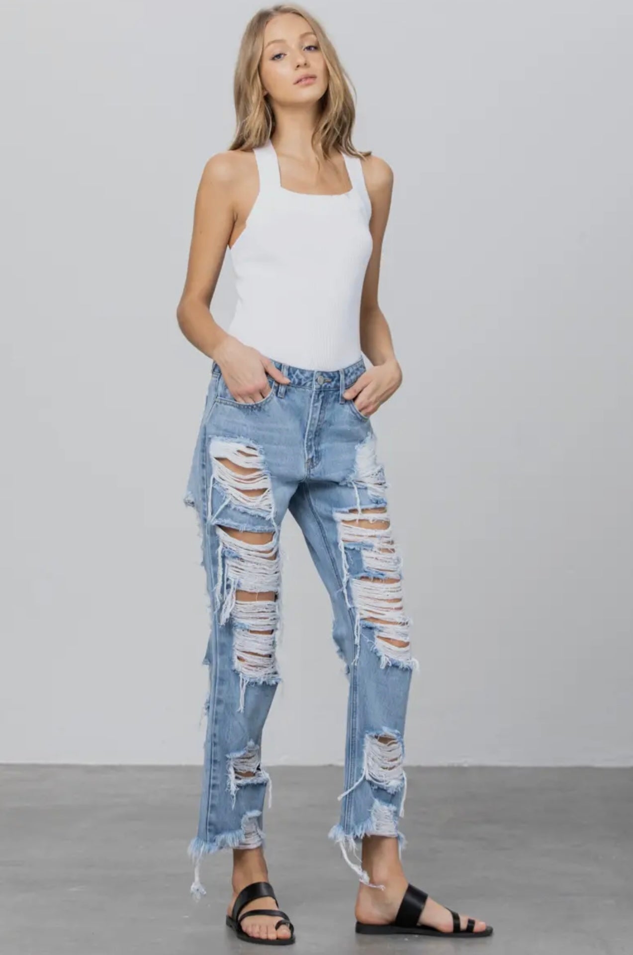 High Rise Heavy Destroyed Frayed Hem Straight Jeans