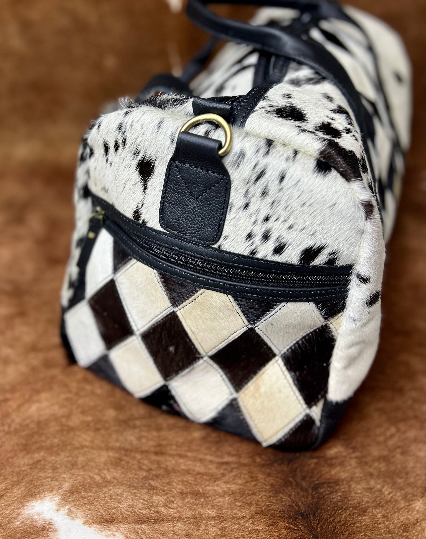 Klassy Cowgirl Diamond Hair on Cowhide Black and White Duffle Bag