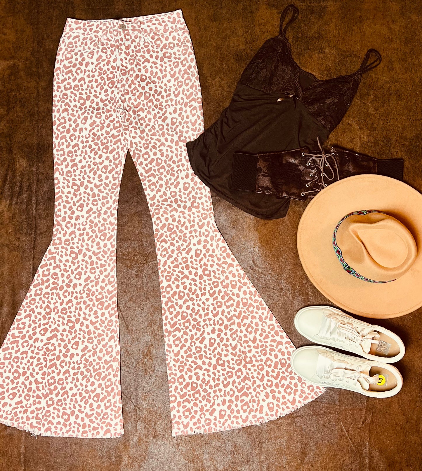 Leopard Animal Print Bellbottom Jeans - Taupe