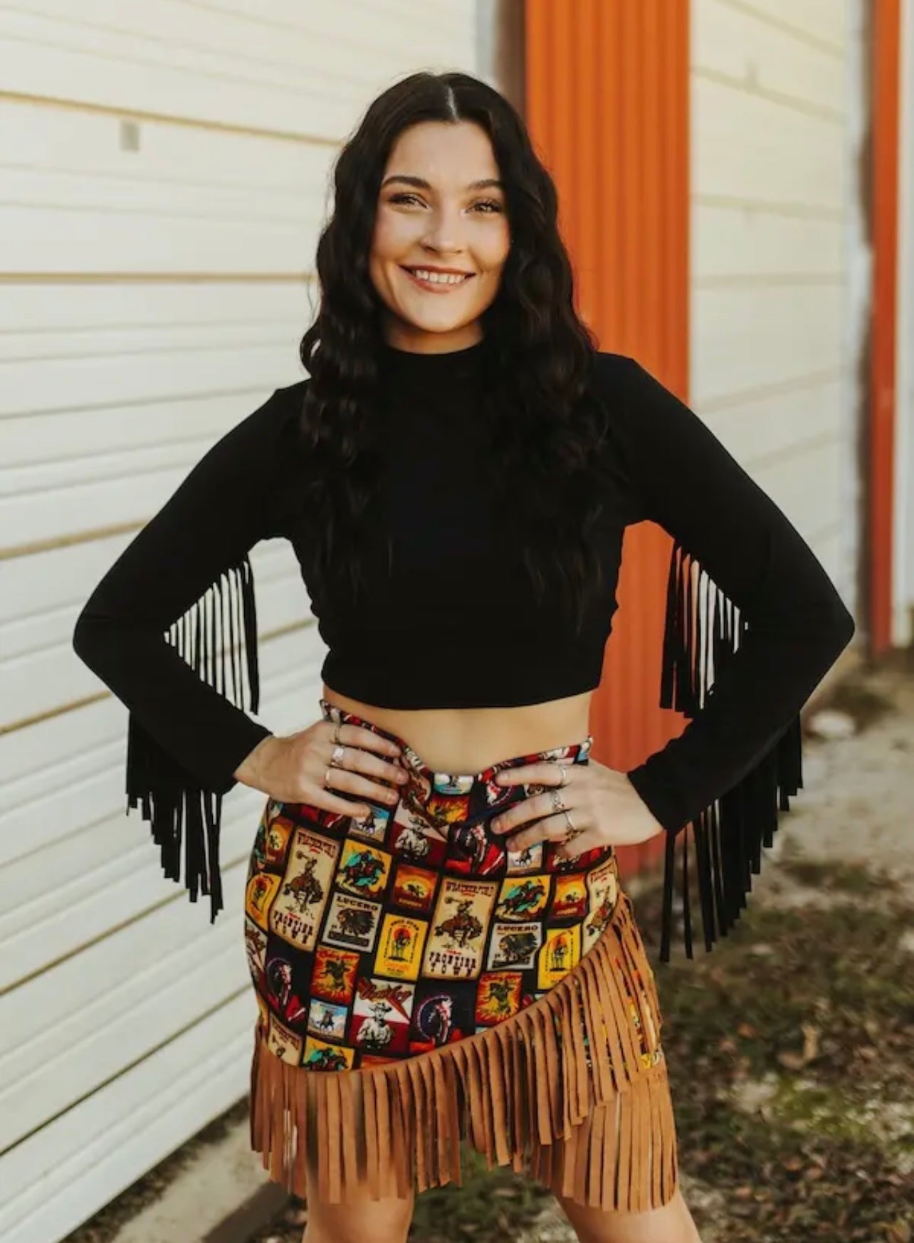 Collage Stamp Tooled Wrap Fringe Skirt