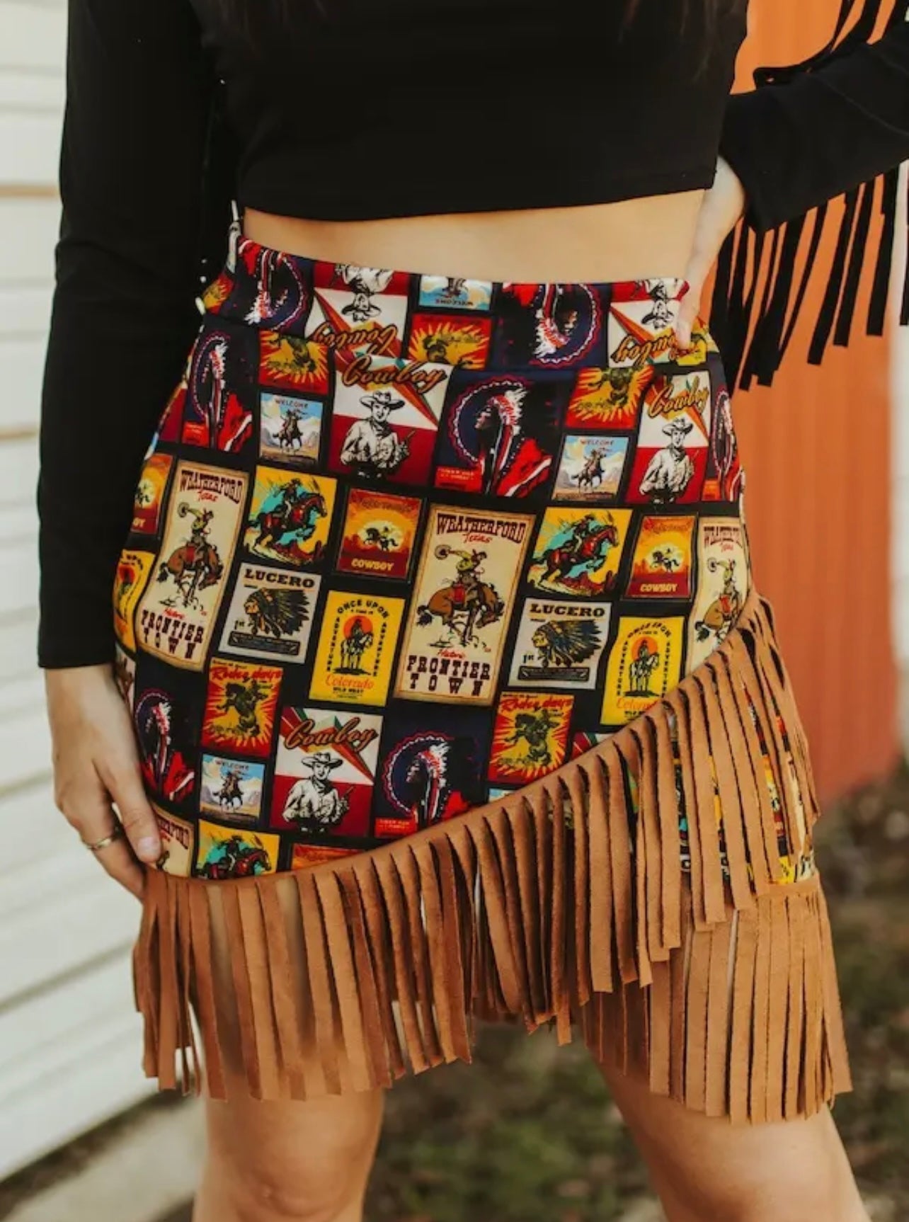 Collage Stamp Tooled Wrap Fringe Skirt