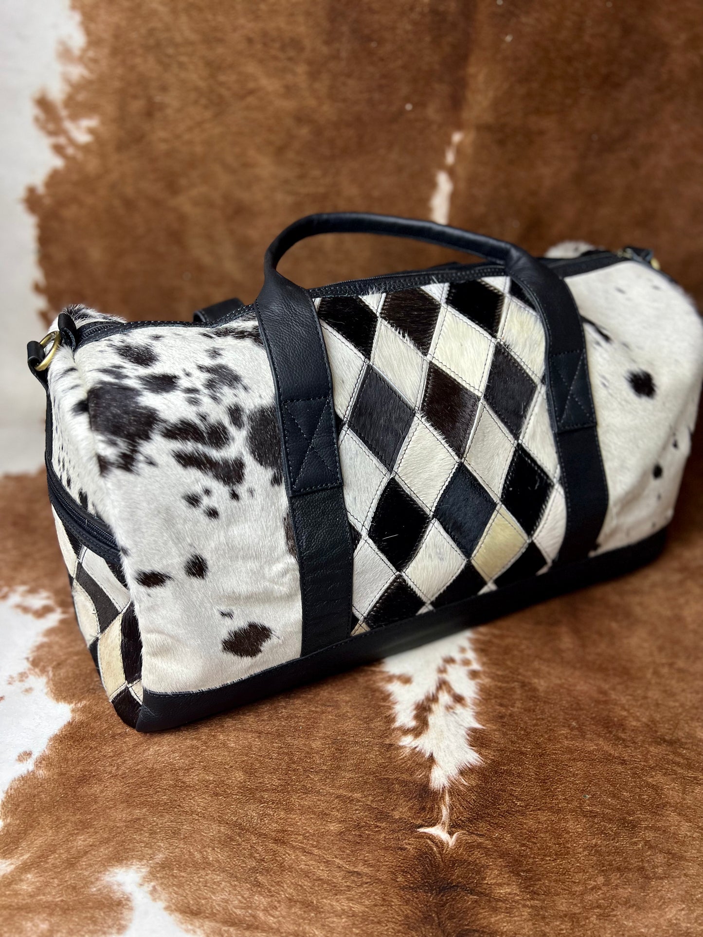 Klassy Cowgirl Diamond Hair on Cowhide Black and White Duffle Bag
