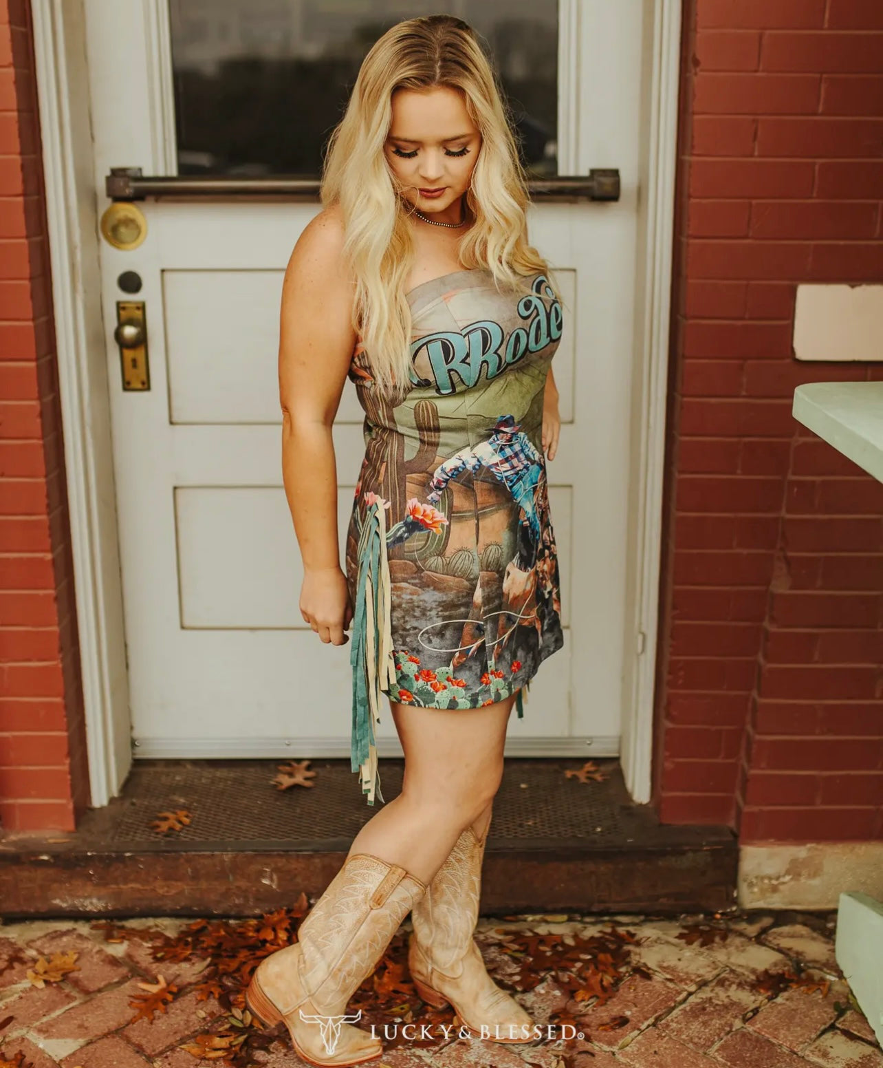 Rodeo Cowboy Printed Side Fringe
Stretch Suede Dress