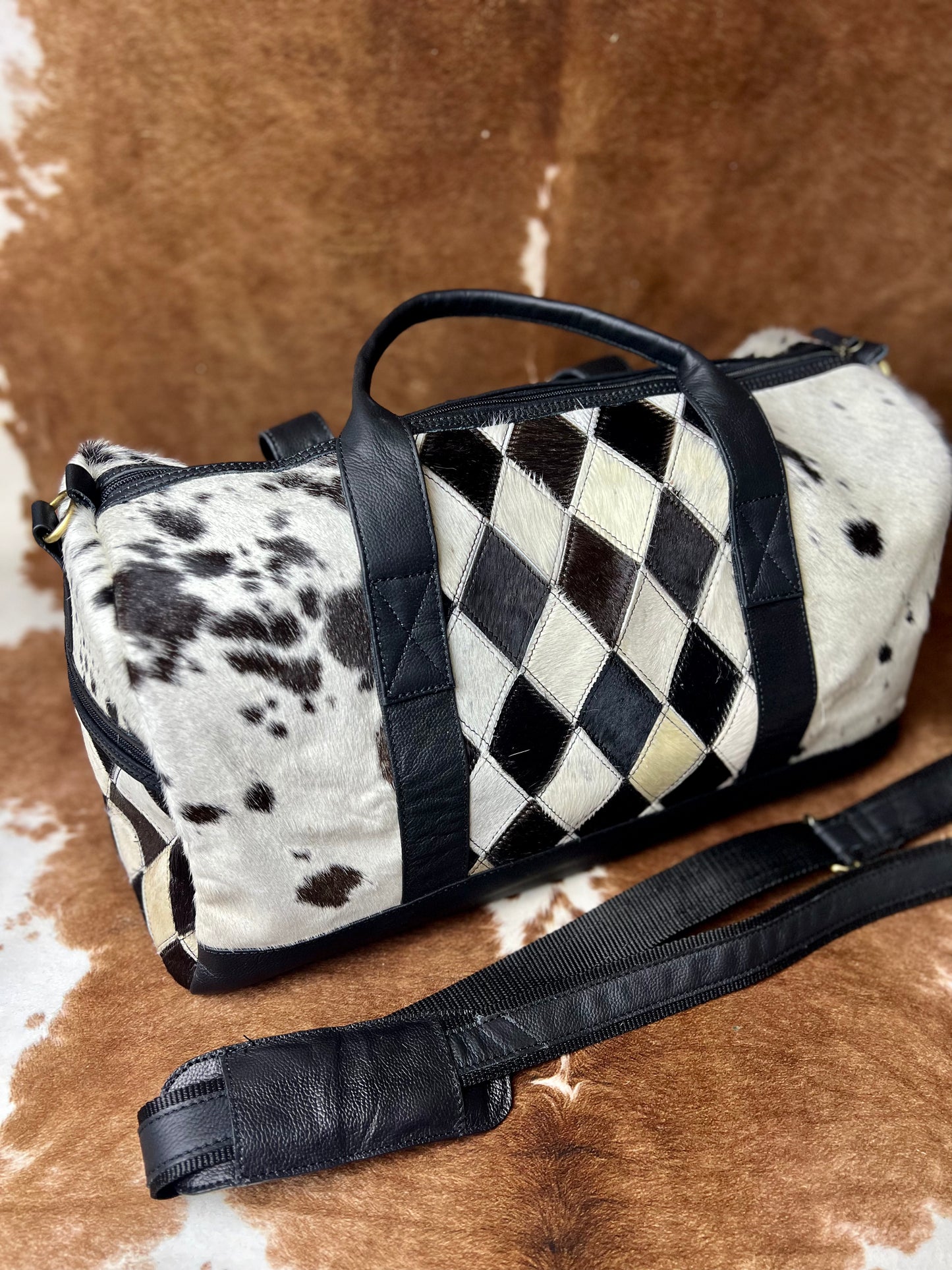 Klassy Cowgirl Diamond Hair on Cowhide Black and White Duffle Bag