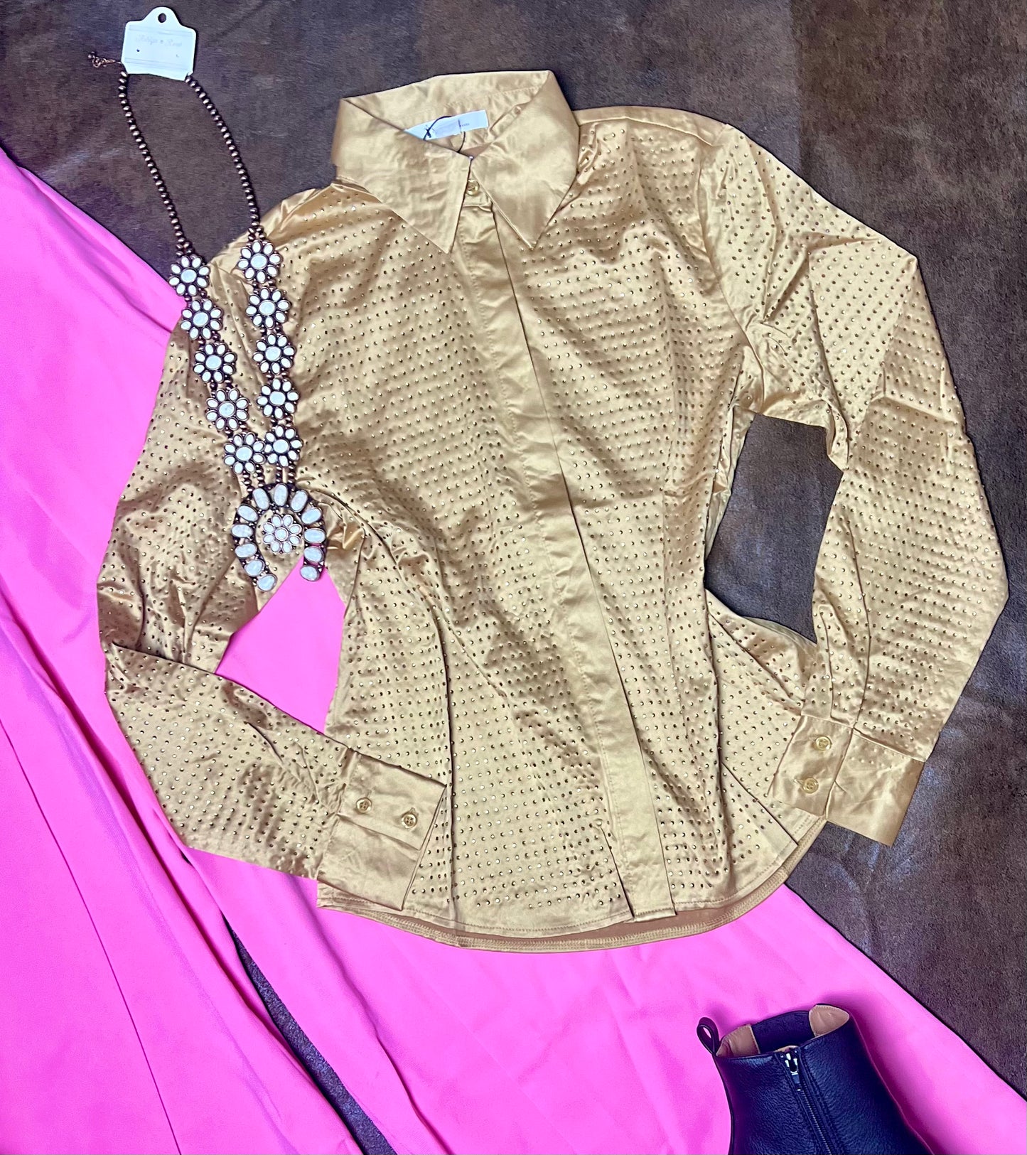 LONG SLEEVE BUTTON UP STUDS DETAILES BLOUSE in taupe