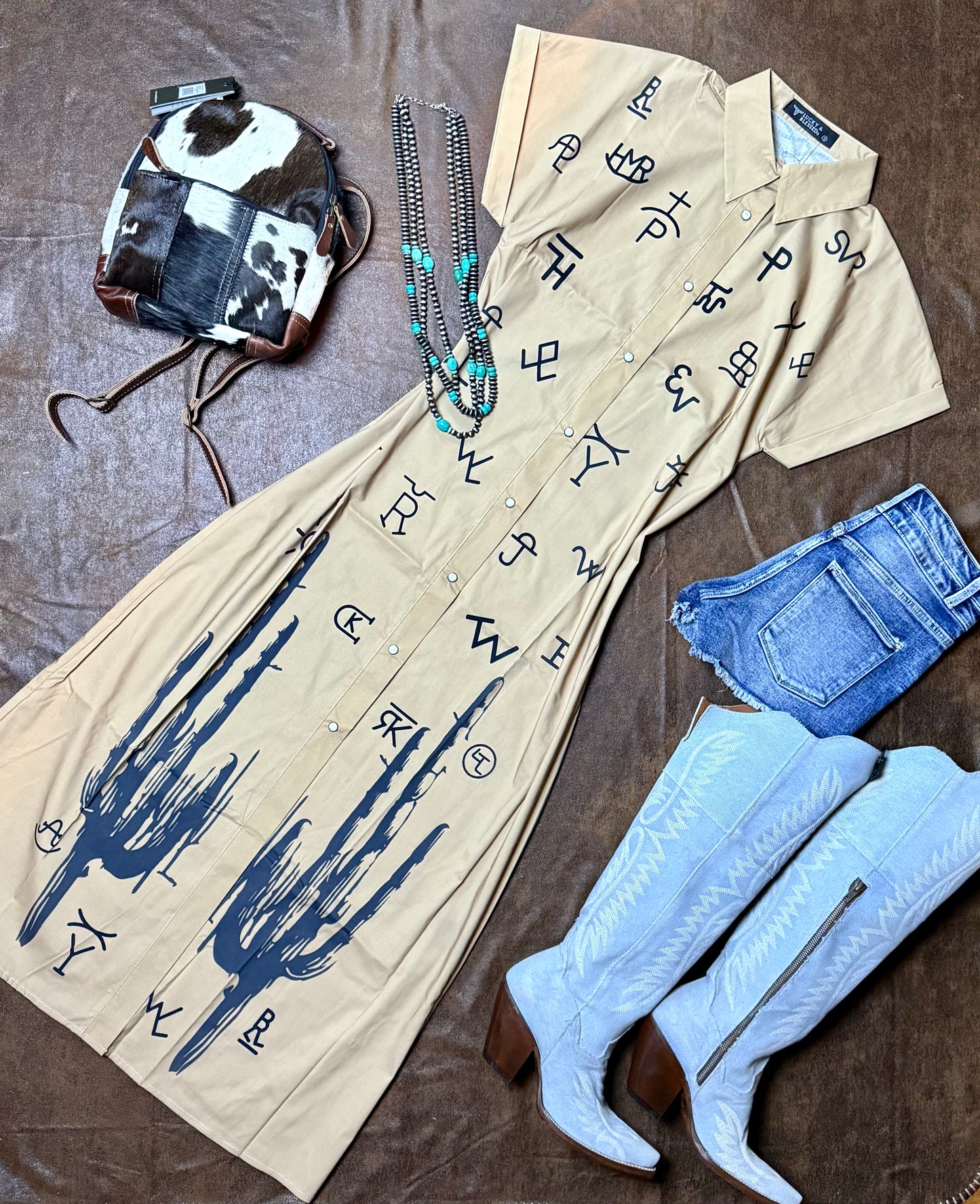 Camel Brand Printed Button Down Duster Dress