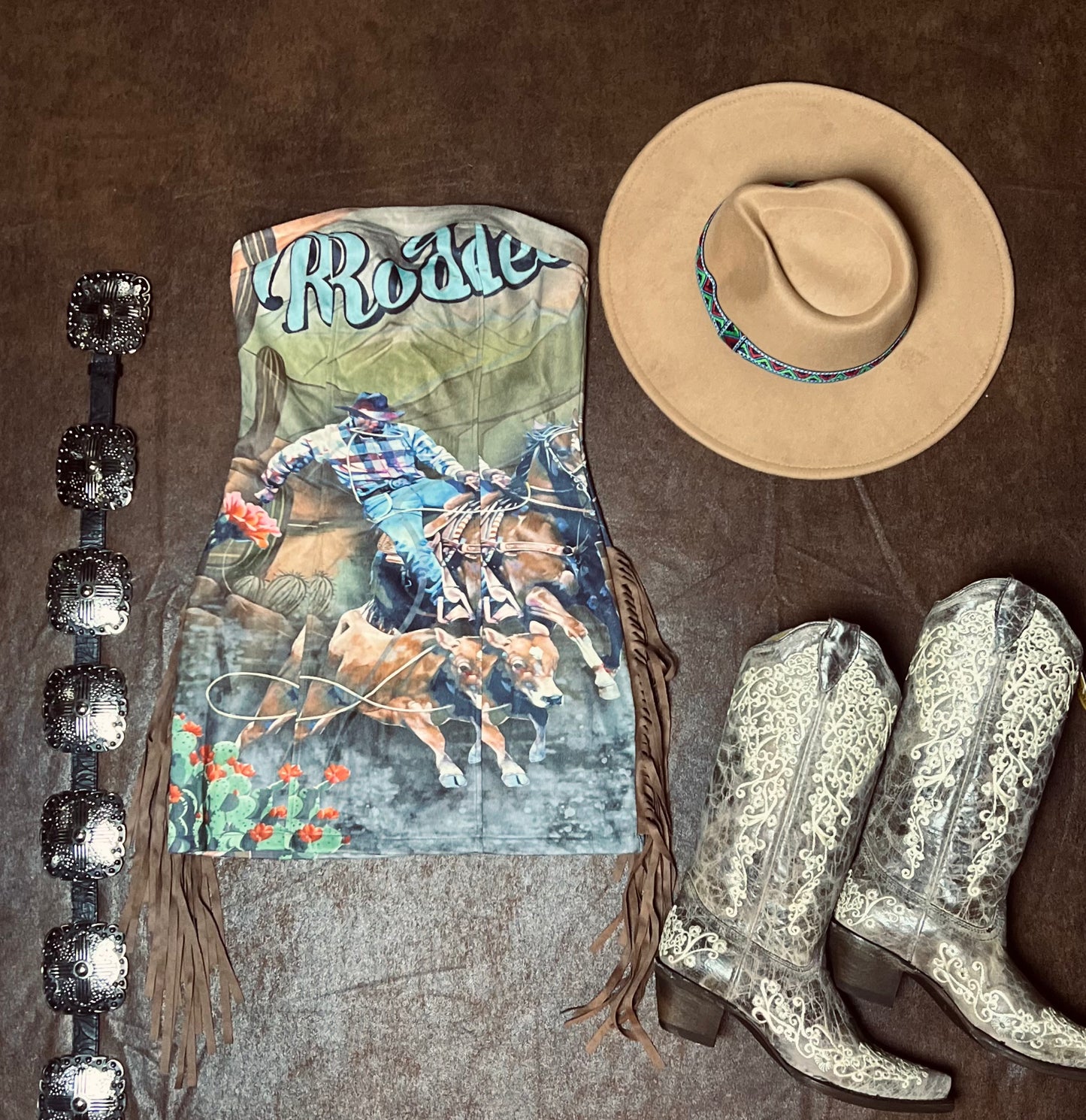 Rodeo Cowboy Printed Side Fringe
Stretch Suede Dress