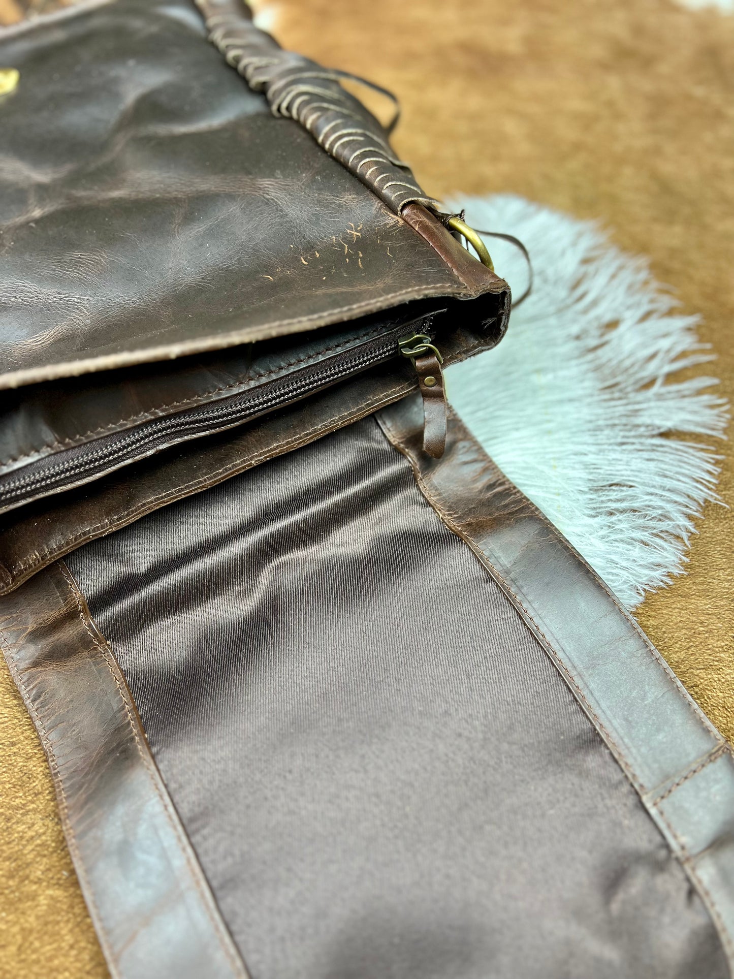 Klassy Cowgirl Leather Conceal Carry Crossbody Bag with diamond pattern hair on cowhide and fringe