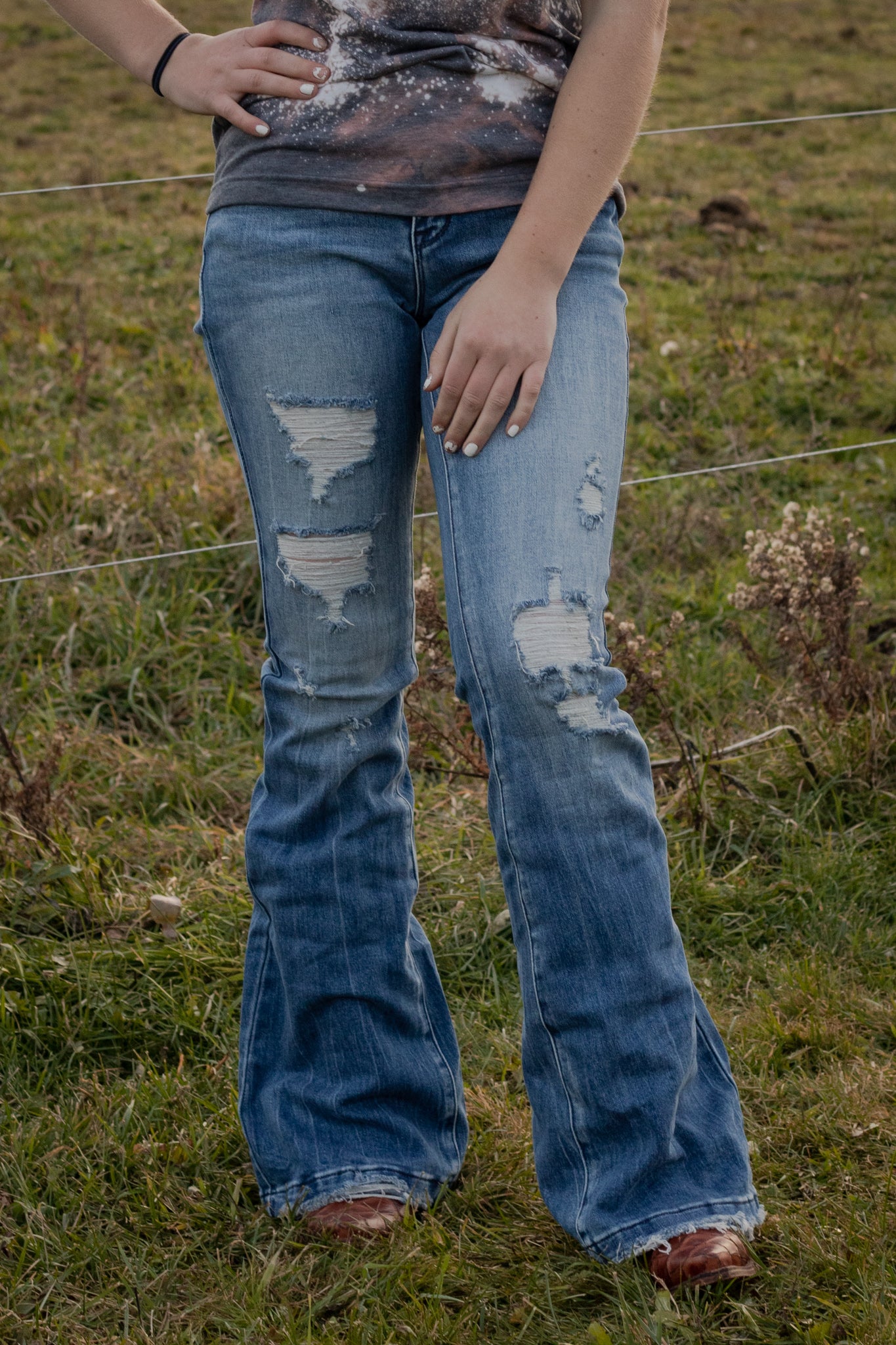 Petra153 Distressed Mid Rise Stretch Flare With Trouser Hem Jeans
