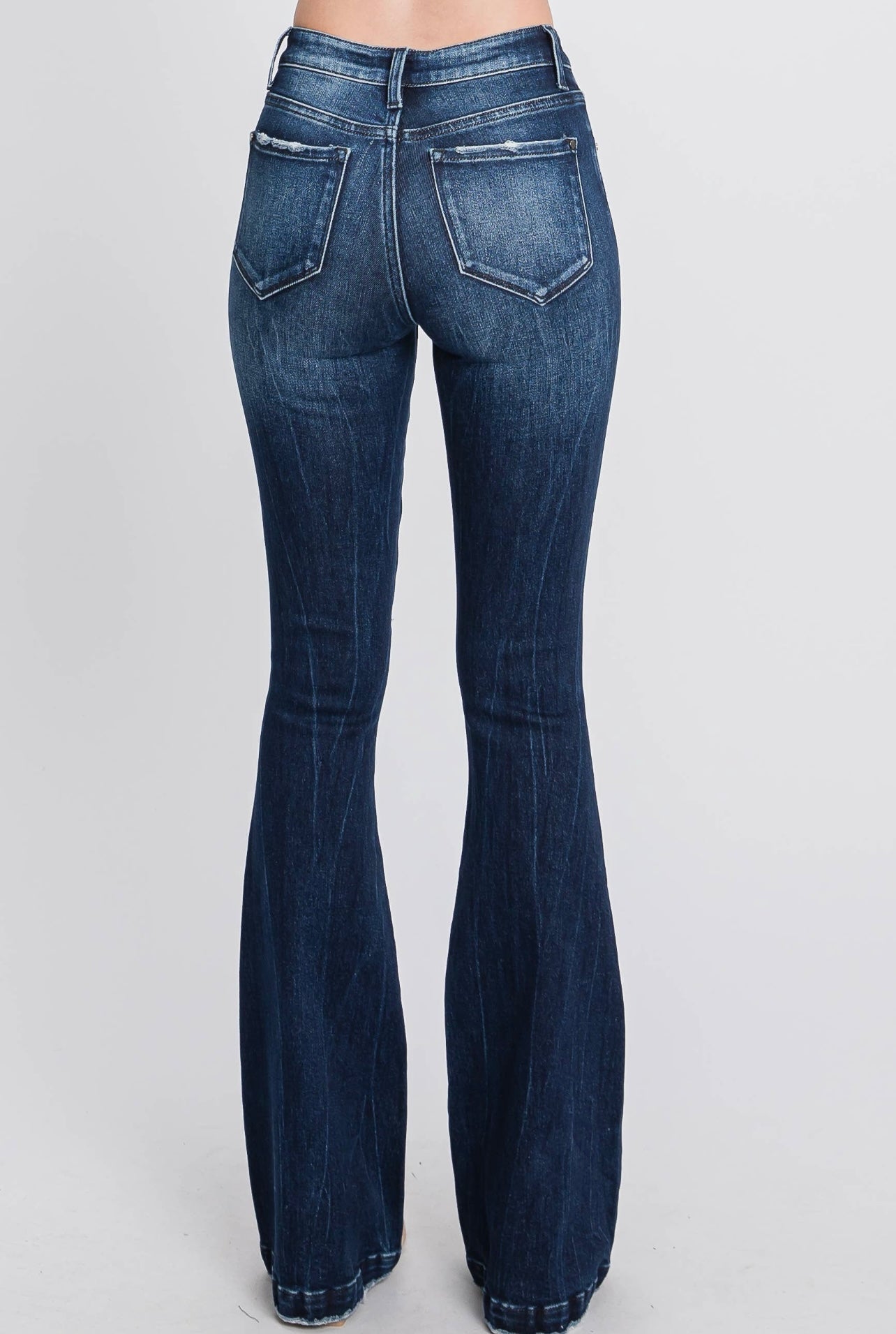 Petra153 Distressed Mid Rise Stretch Flare Jeans with Trouser Hem