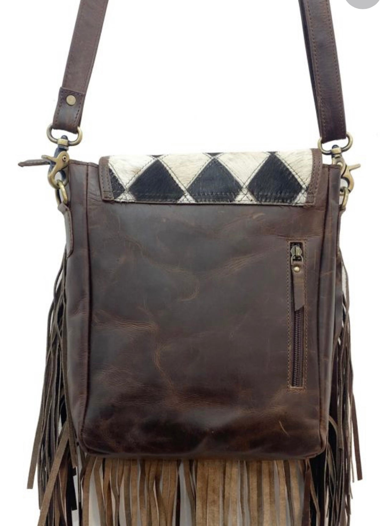 Klassy Cowgirl Leather Conceal Carry Crossbody Bag with diamond pattern hair on cowhide and fringe