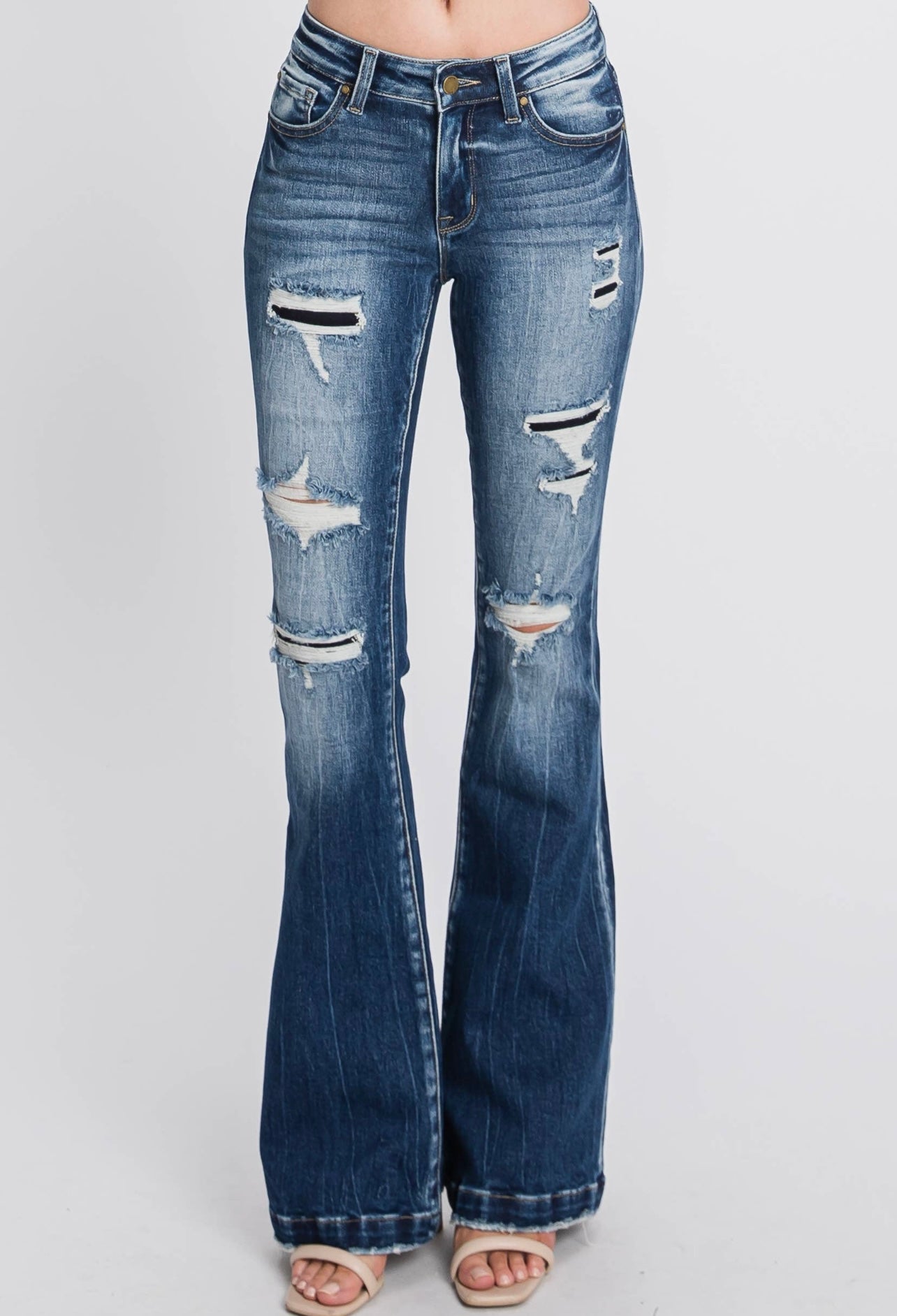 Petra153 Distressed Mid Rise Flare Jeans