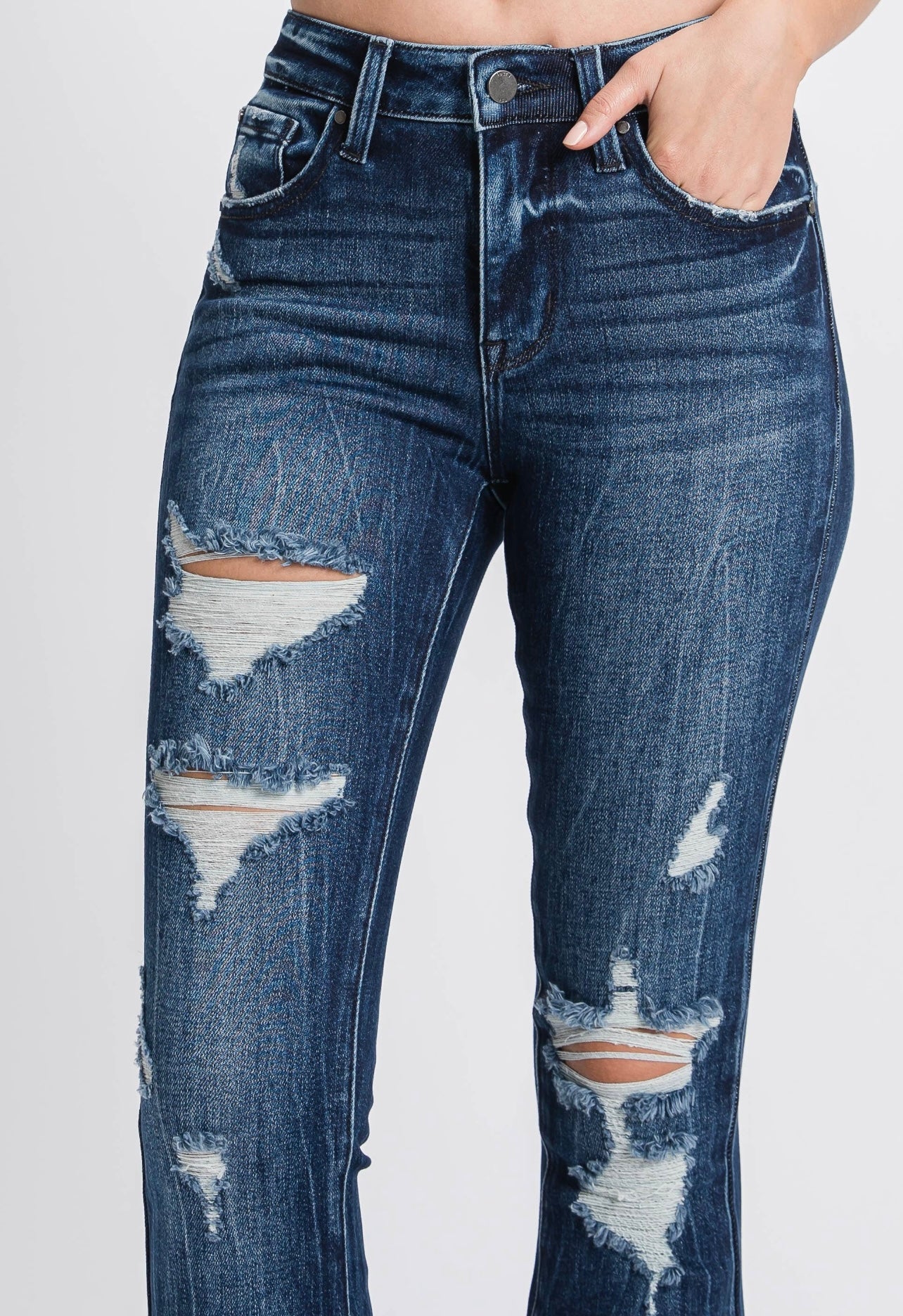 Petra153 Distressed Mid Rise Stretch Flare Jeans with Trouser Hem