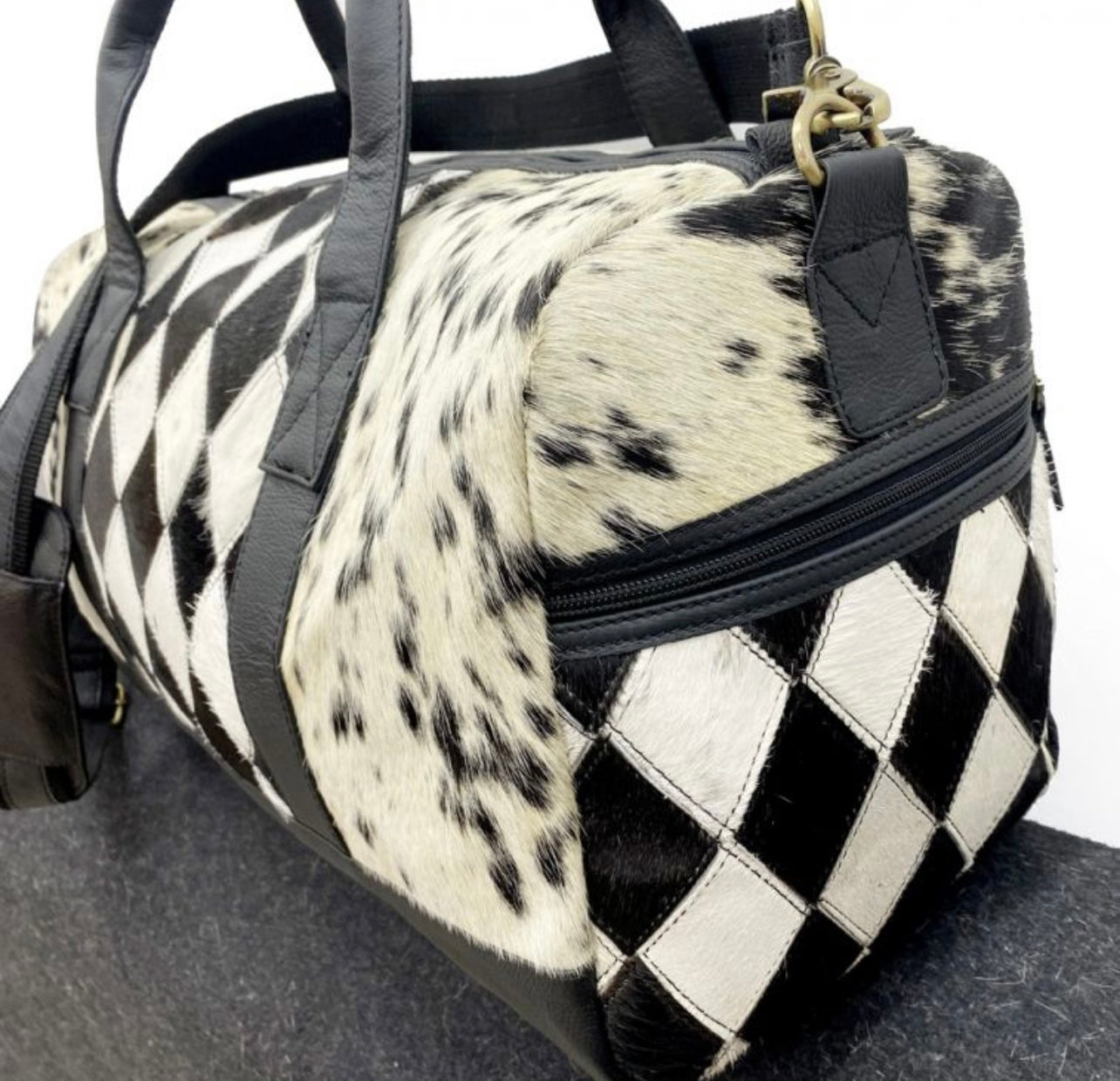 Klassy Cowgirl Diamond Hair on Cowhide Black and White Duffle Bag