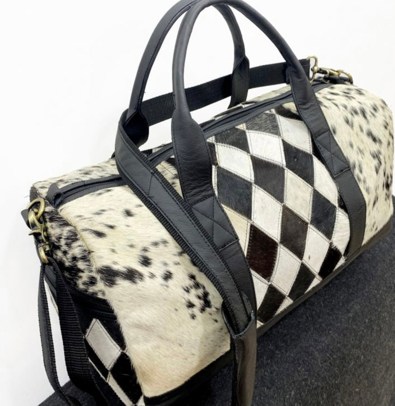 Klassy Cowgirl Diamond Hair on Cowhide Black and White Duffle Bag