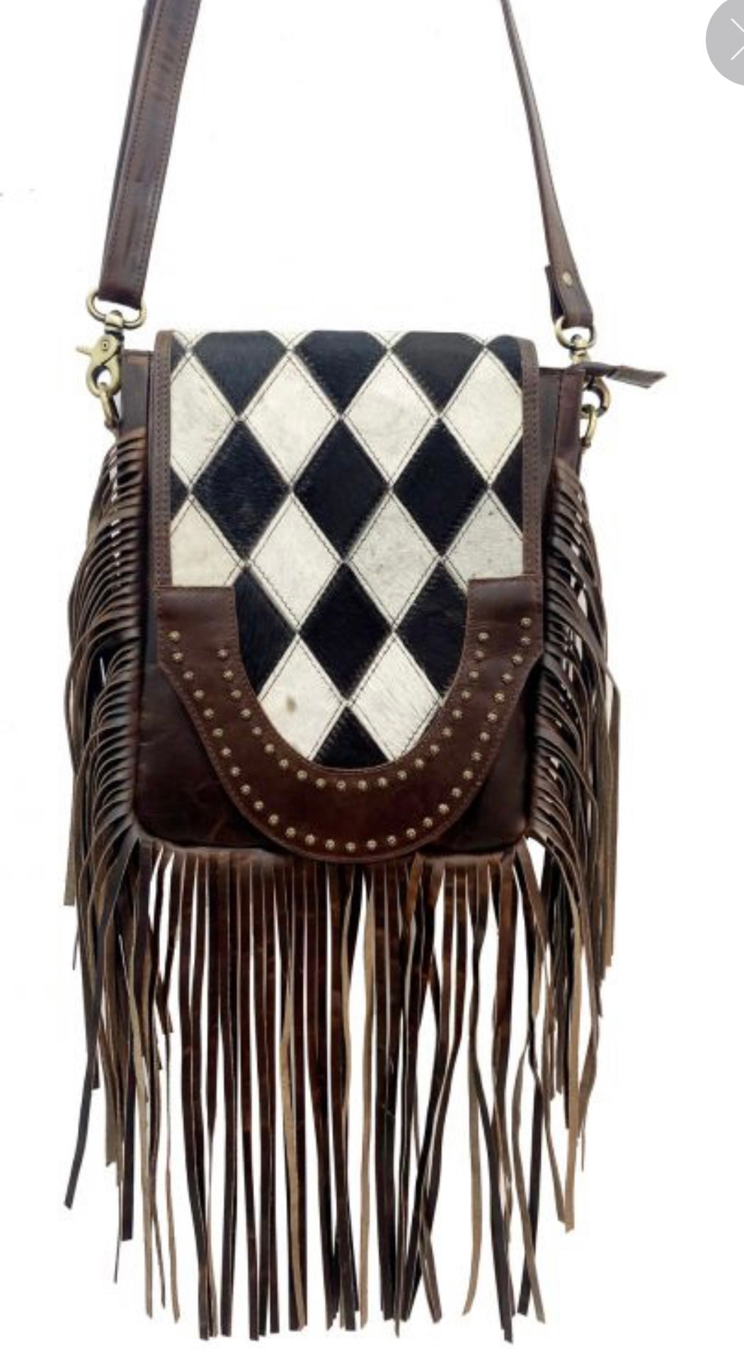 Klassy Cowgirl Leather Conceal Carry Crossbody Bag with diamond pattern hair on cowhide and fringe
