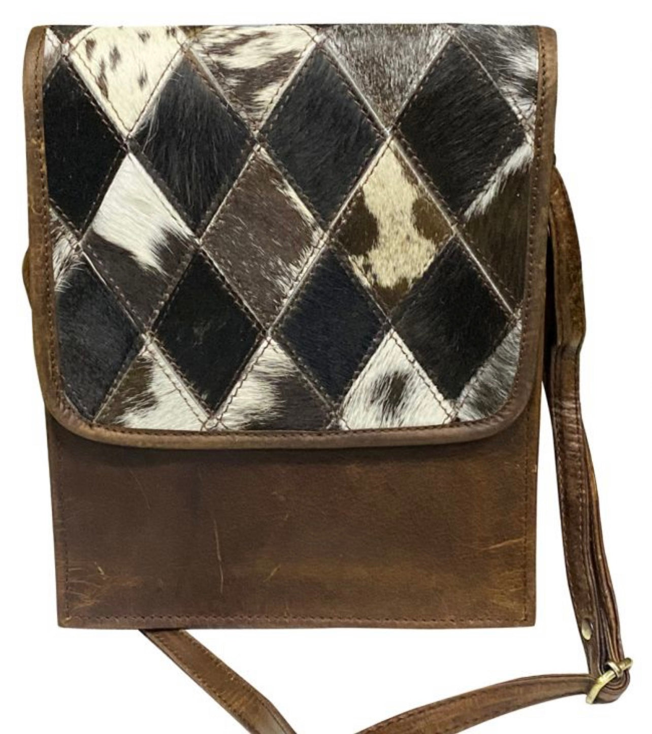 Klassy Cowgirl Leather Crossbody Bag with diamond pattern hair on cowhide