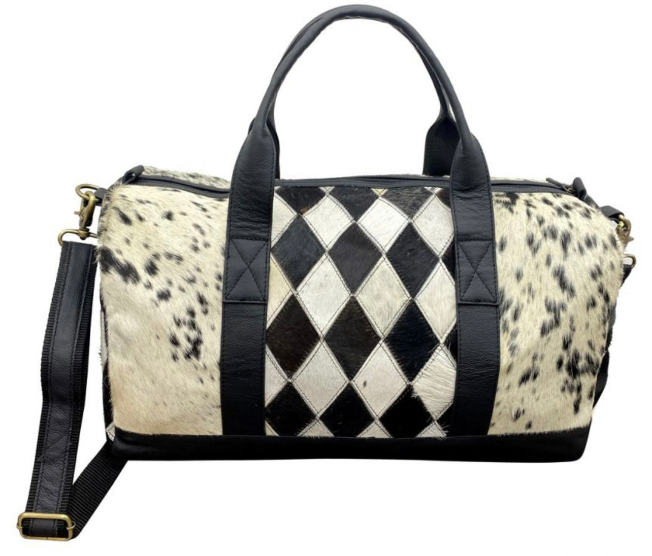 Klassy Cowgirl Diamond Hair on Cowhide Black and White Duffle Bag