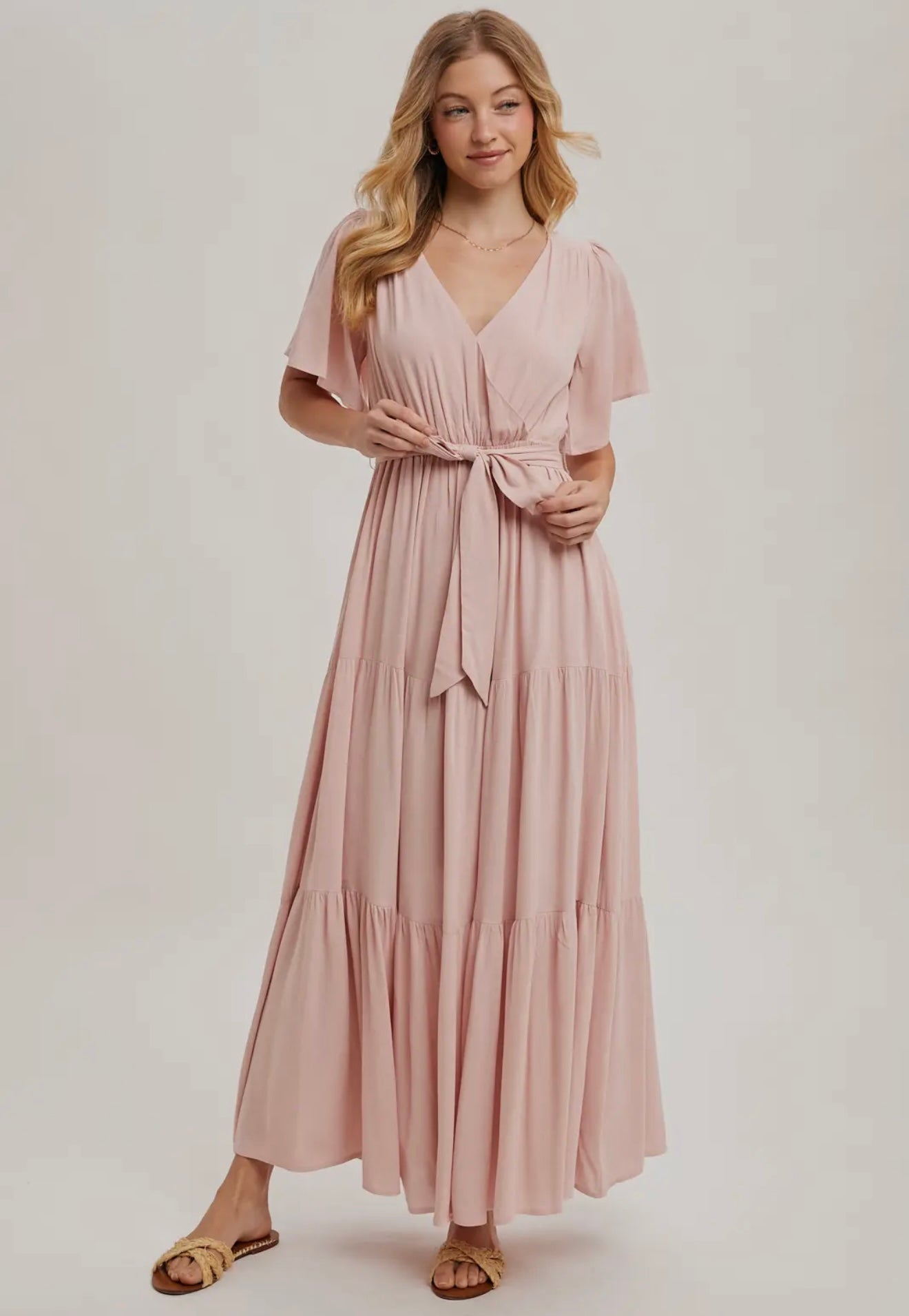 Wrap Tiered Maxi Sundress with Lining in Rose