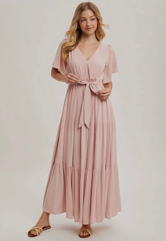 Wrap Tiered Maxi Sundress with Lining in Rose