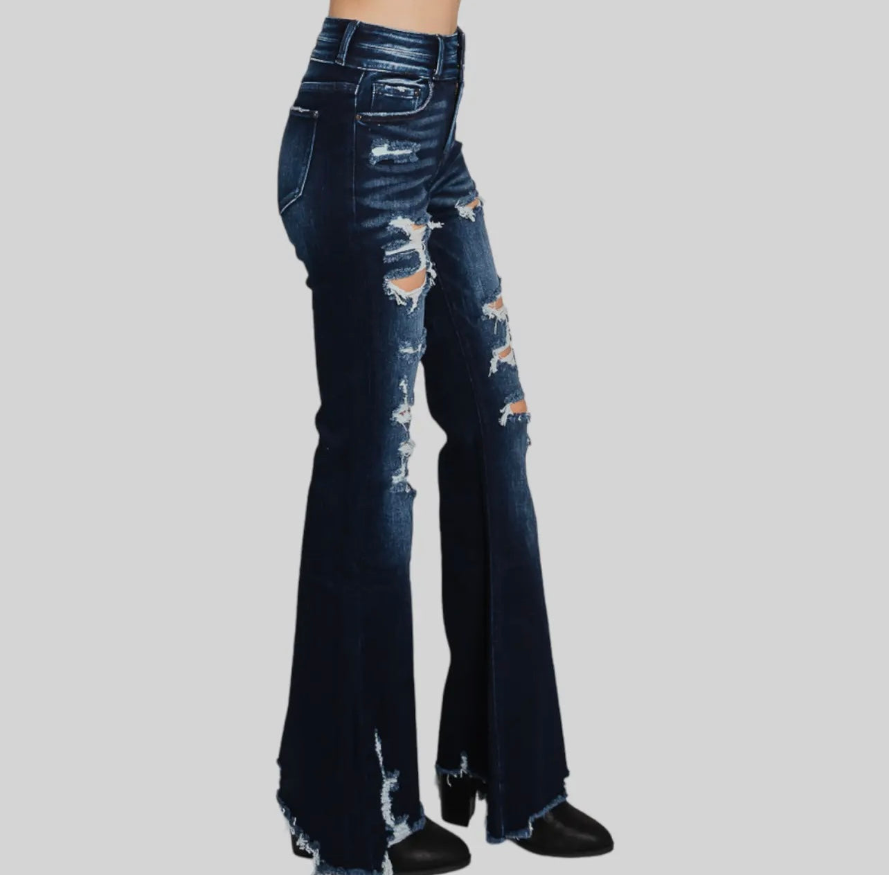 Petra153 Distressed High Rise Flare
Jeans with Frayed Hem