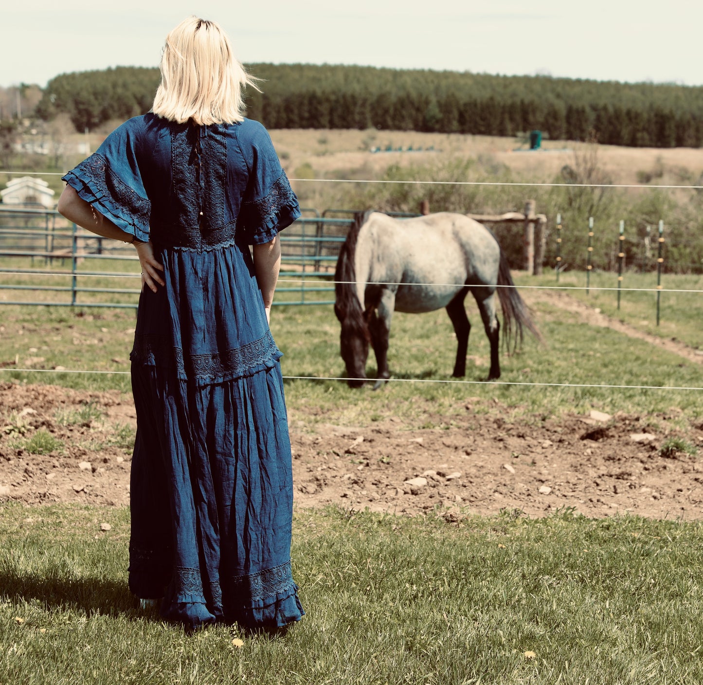 Navy V-Neck Lace Trim Maxi Dress