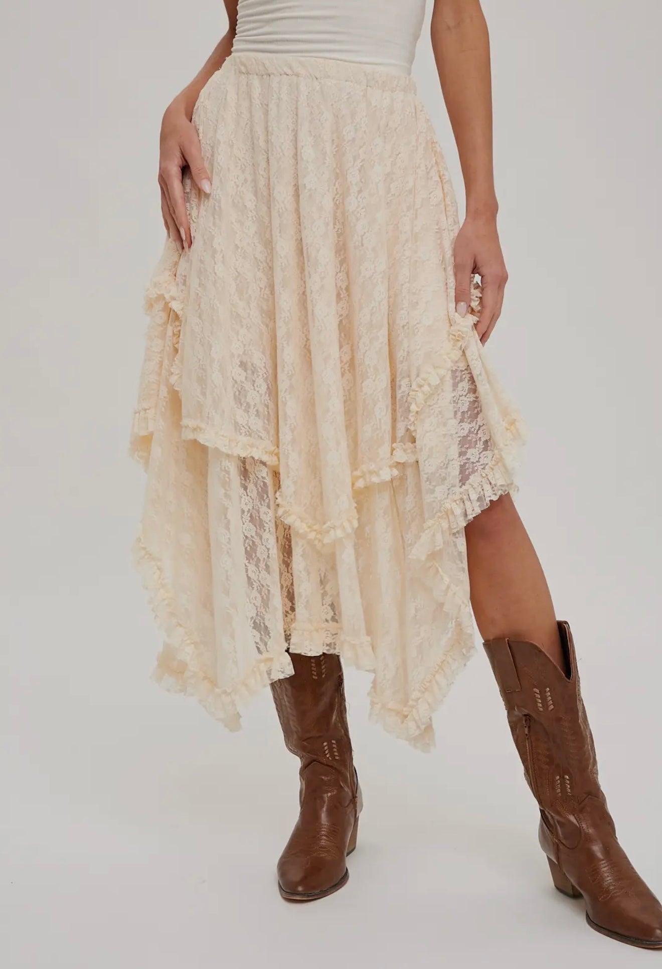 Ecru Lace Tier Midi Skirt
