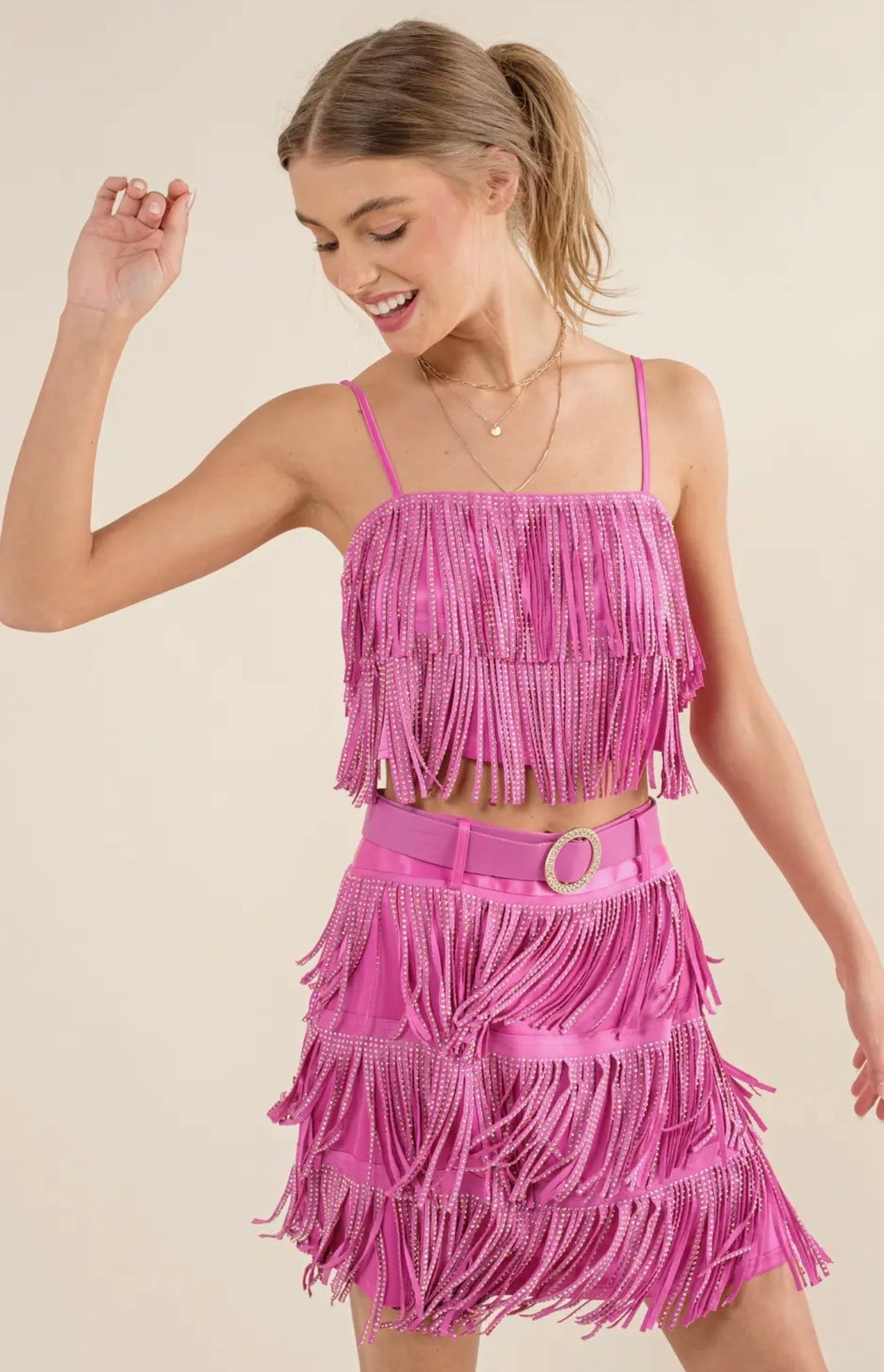 Satin Studded Fringe Sparkle
Ring Belted Mini Skirt